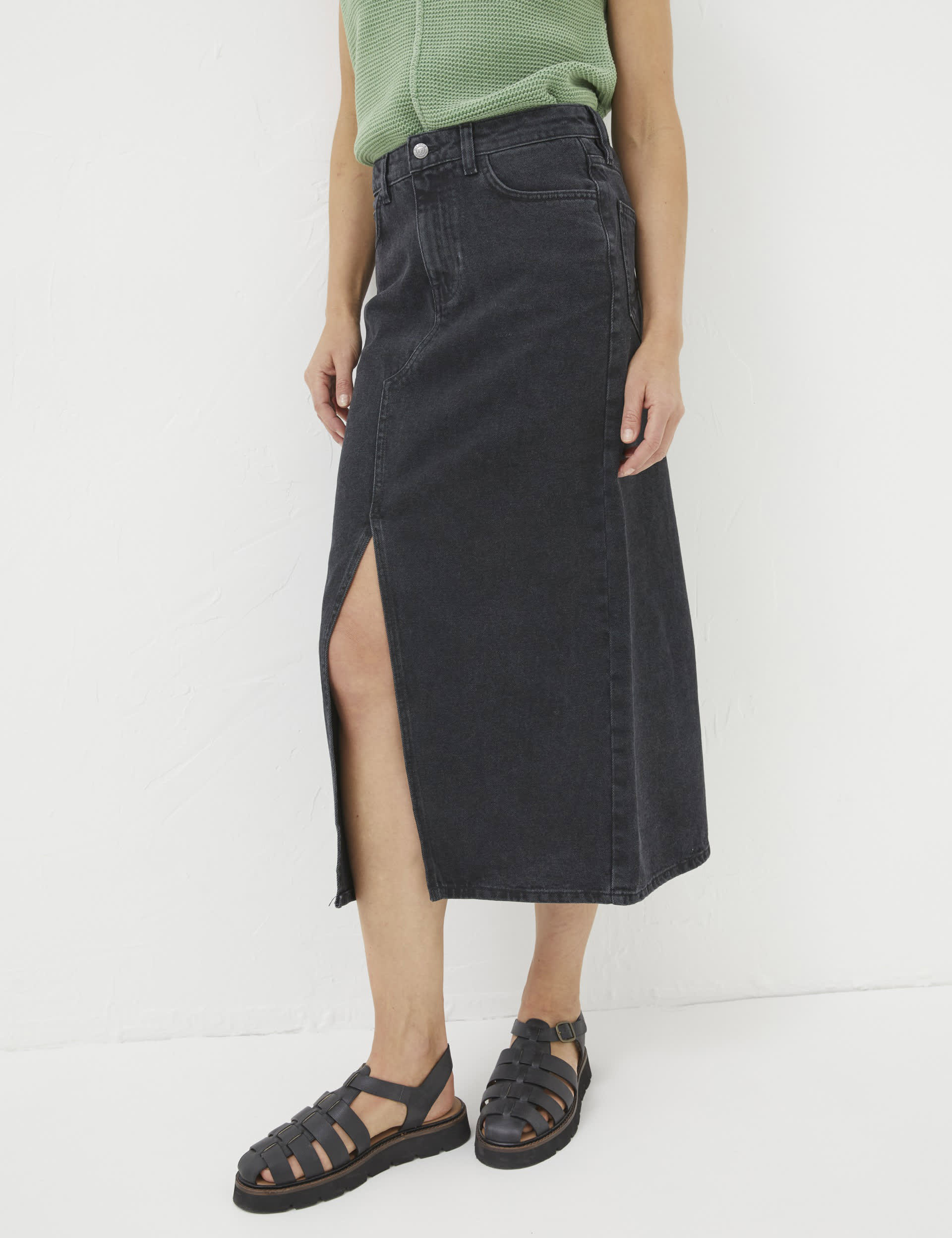 Fatface Women's Pure Linen Denim Midi Skirt - 14REG - Black, Black