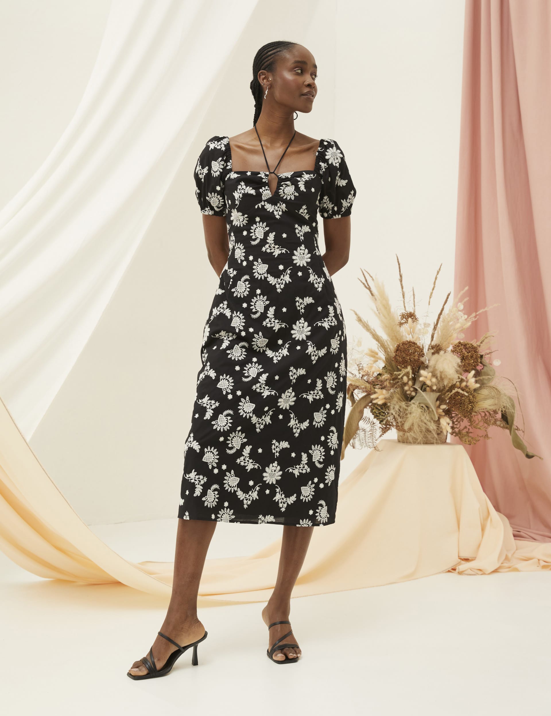 Fatface Women's Pure Cotton Embroidered Midi Waisted Dress