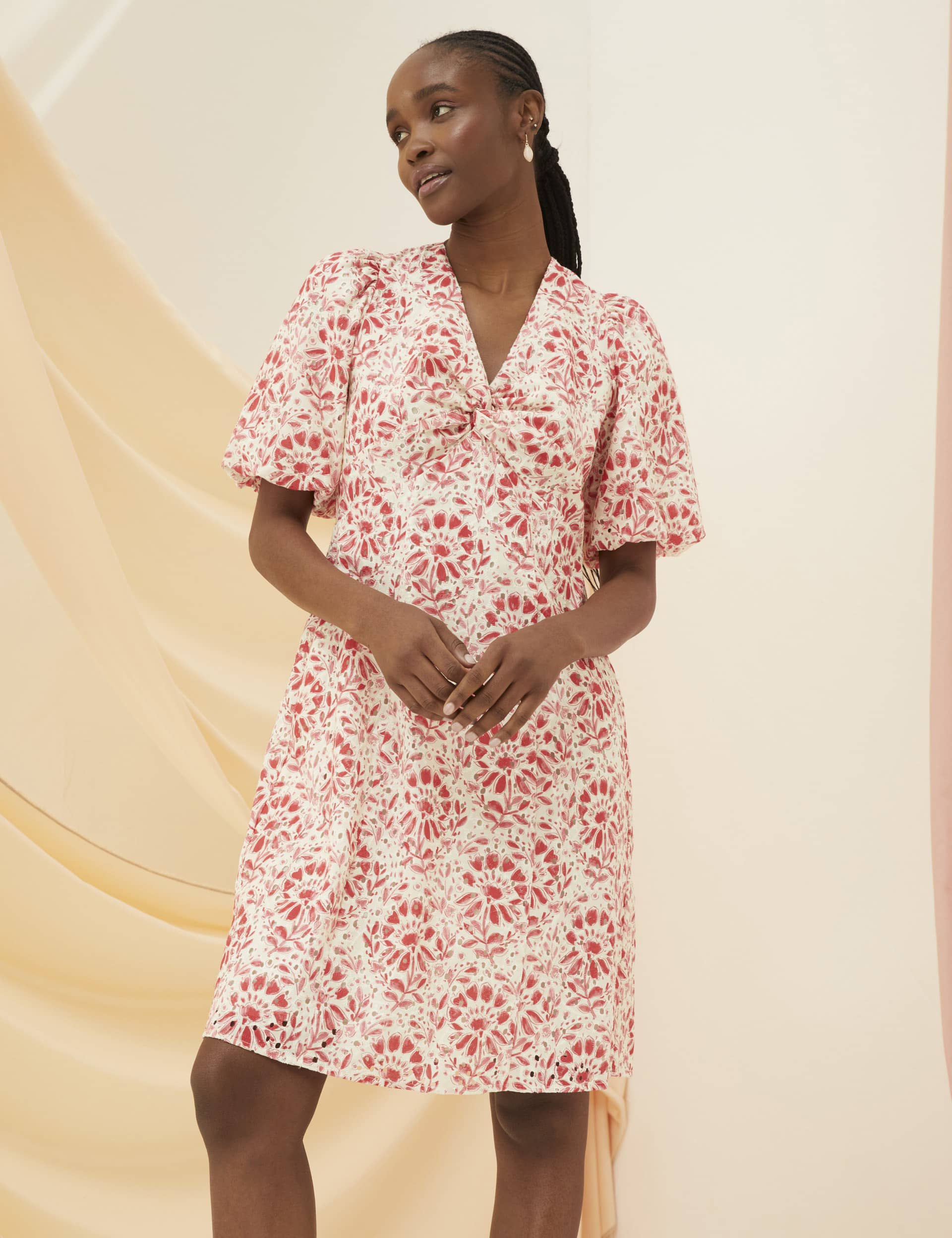 Fatface Women's Pure Cotton Floral V-Neck Waisted Dress