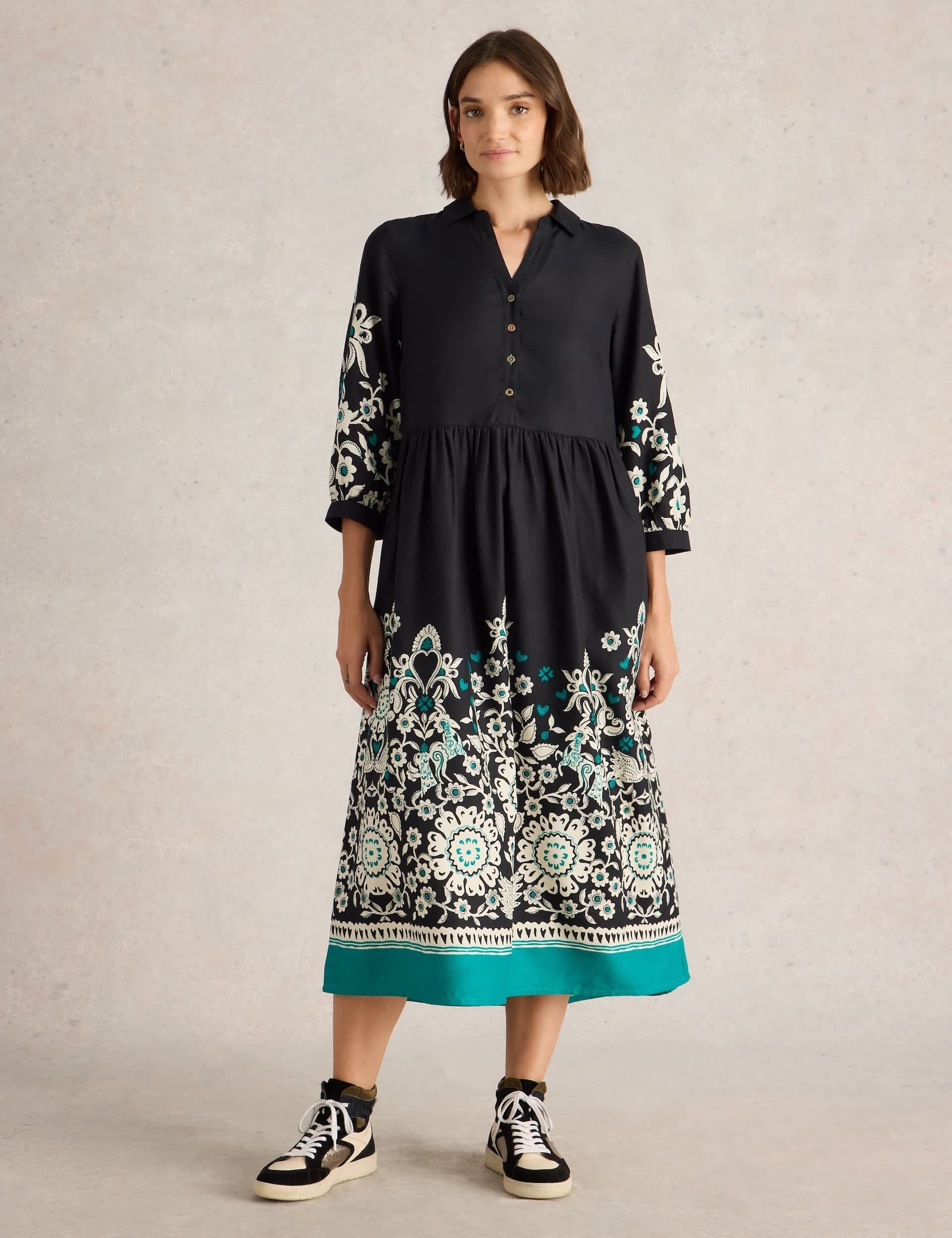 White Stuff Women's Cotton Blend Printed V-Neck Midi Shirt Dress - 12REG - Black Mix, Black Mix