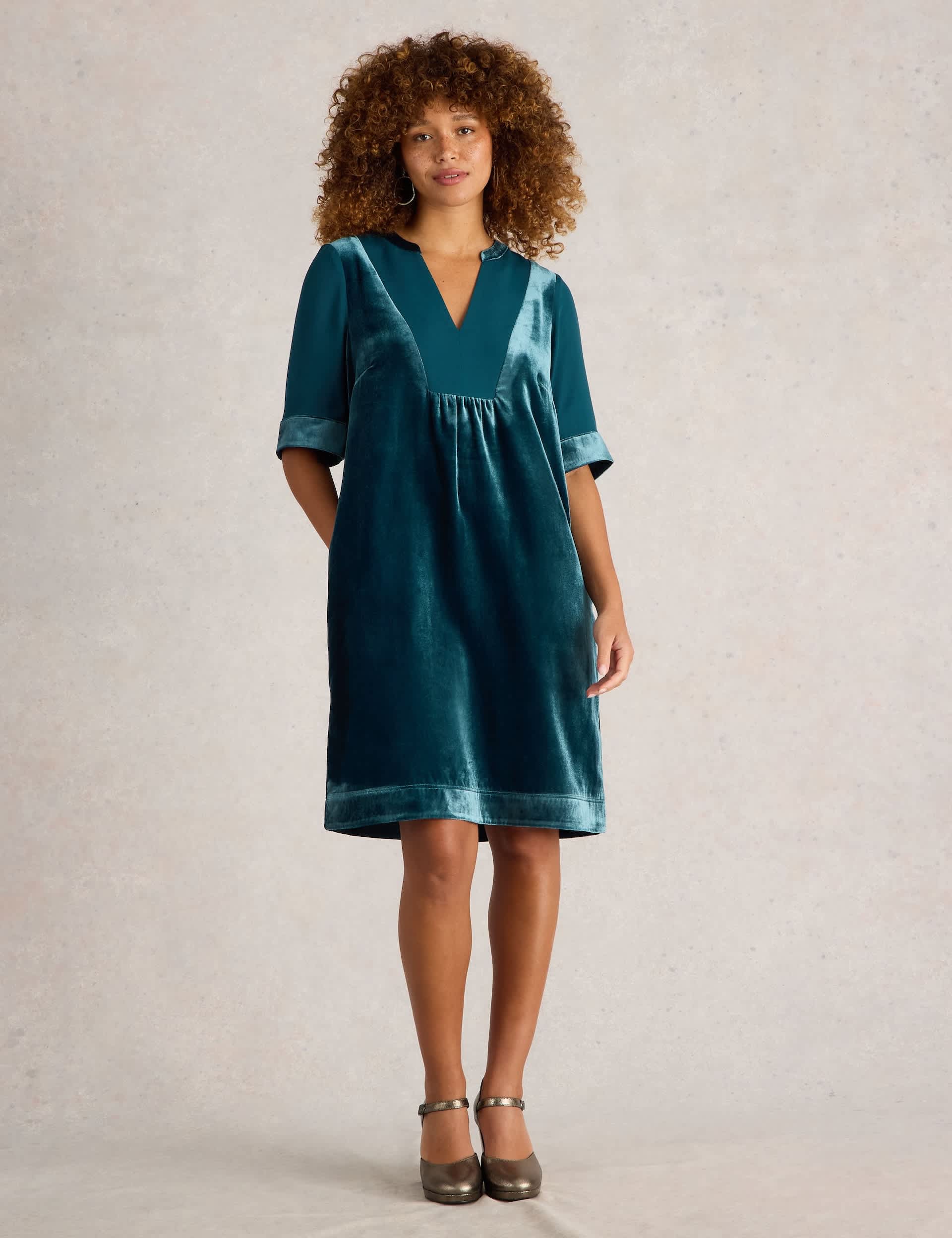 White Stuff Women's Velvet Notch Neck Knee Length Shift Dress - 12REG - Teal, Teal