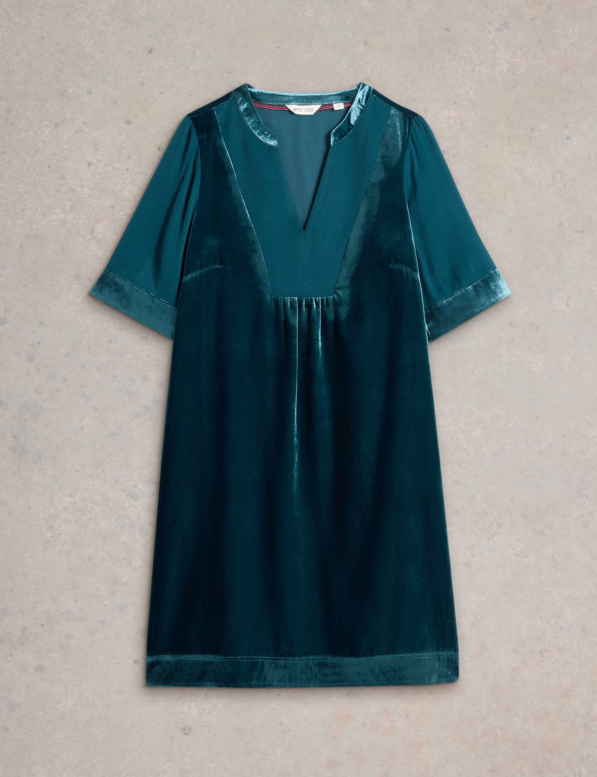 White Stuff Women's Velvet Notch Neck Knee Length Shift Dress - 12REG - Teal, Teal