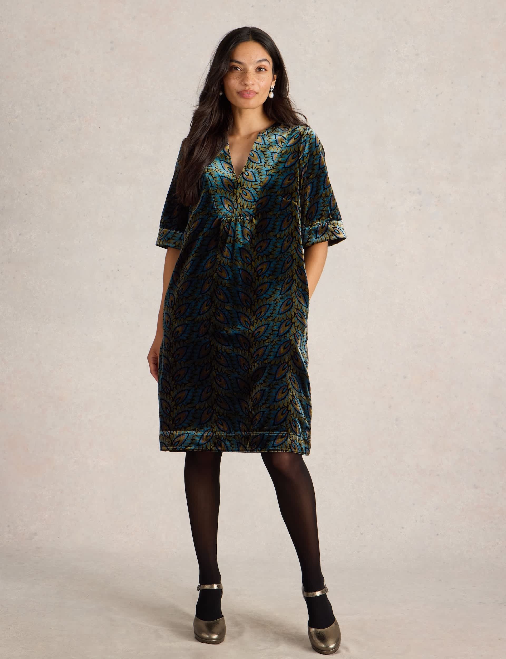 White Stuff Women's Velvet Printed Notch Neck Shift Dress - 12REG - Teal Mix, Teal Mix