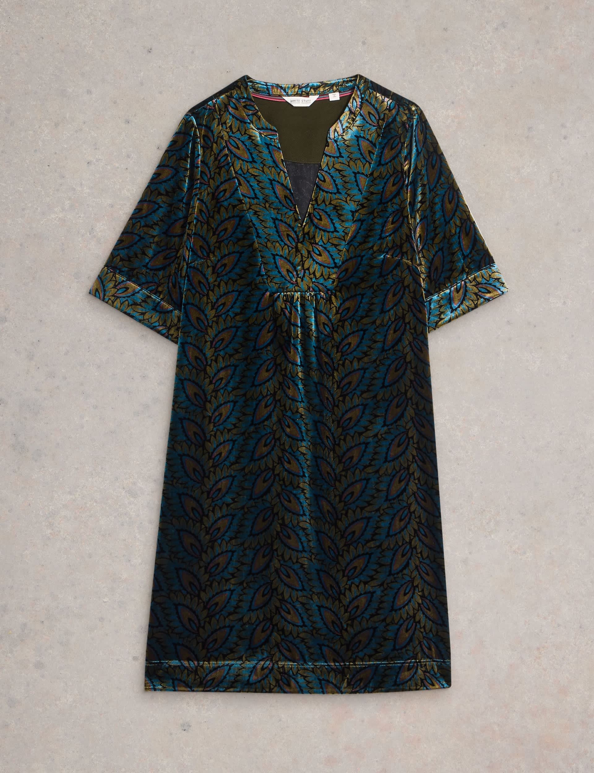 White Stuff Women's Velvet Printed Notch Neck Shift Dress - 6REG - Teal Mix, Teal Mix