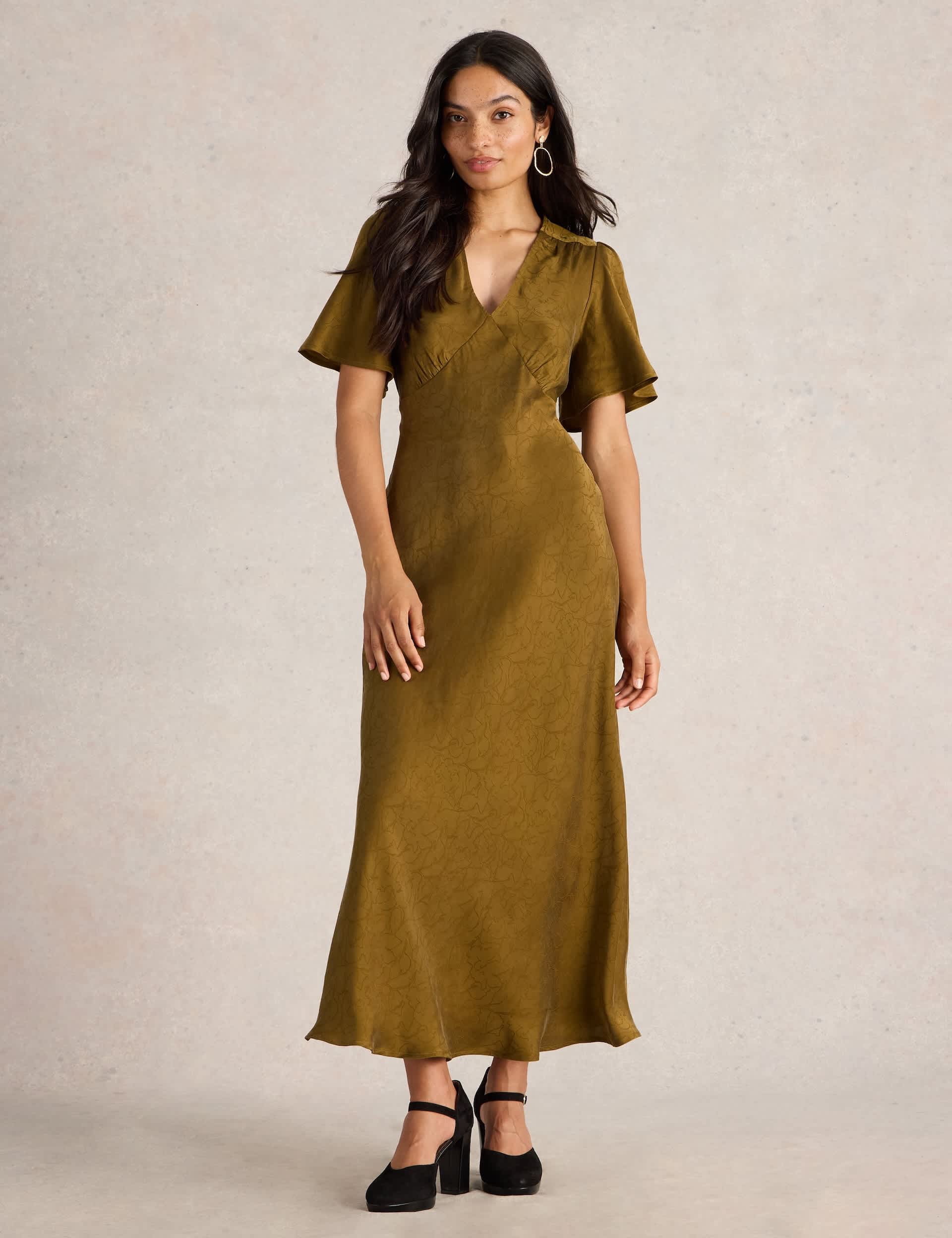 White Stuff Women's Satin V-Neck Angel Sleeve Midi Tea Dress - 12REG - Green, Green