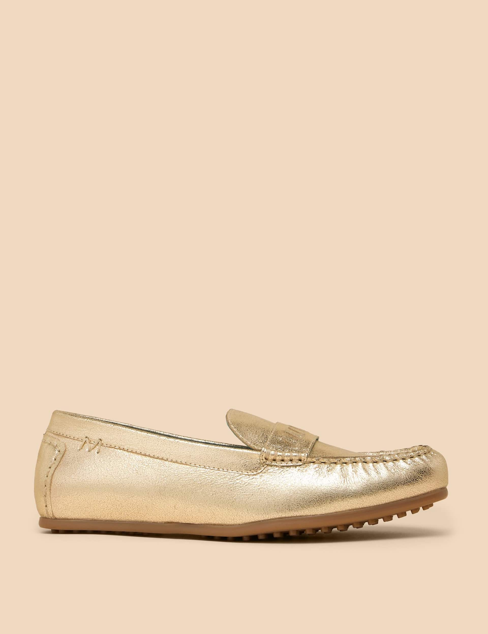 White Stuff Women's Leather Metallic Flat Loafers - 7 - Gold, Gold