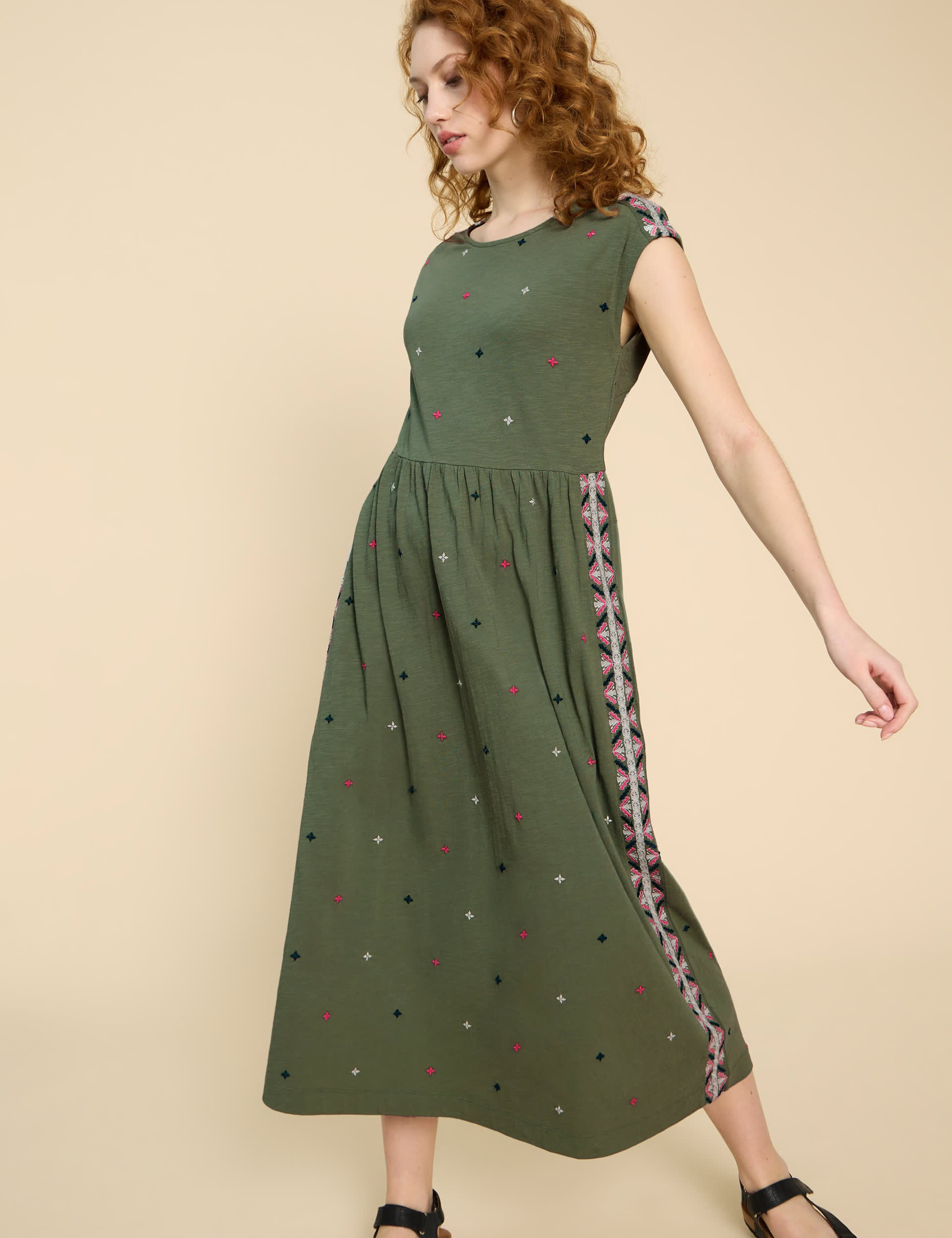 White Stuff Women's Pure Cotton Embroidered Maxi Waisted Dress - 12REG - Green Mix, Green Mix