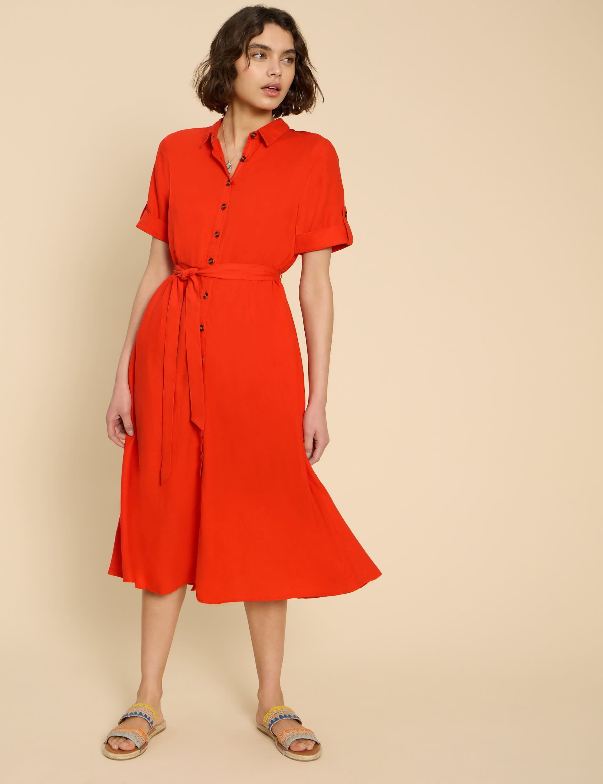 White Stuff Women's Cotton Blend Belted Midi Shirt Dress - 18 - Orange, Orange