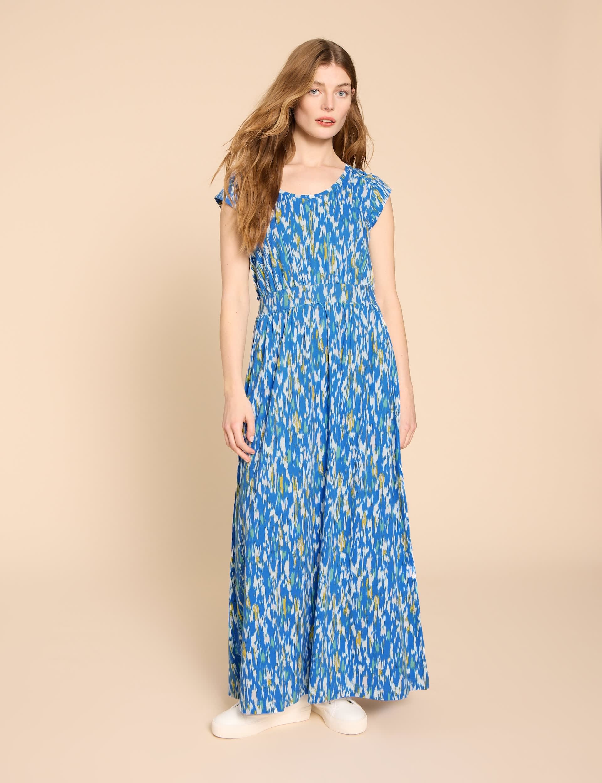 White Stuff Women's Cotton Rich Jersey Printed Maxi Waisted Dress - 10REG - Blue Mix, Blue Mix