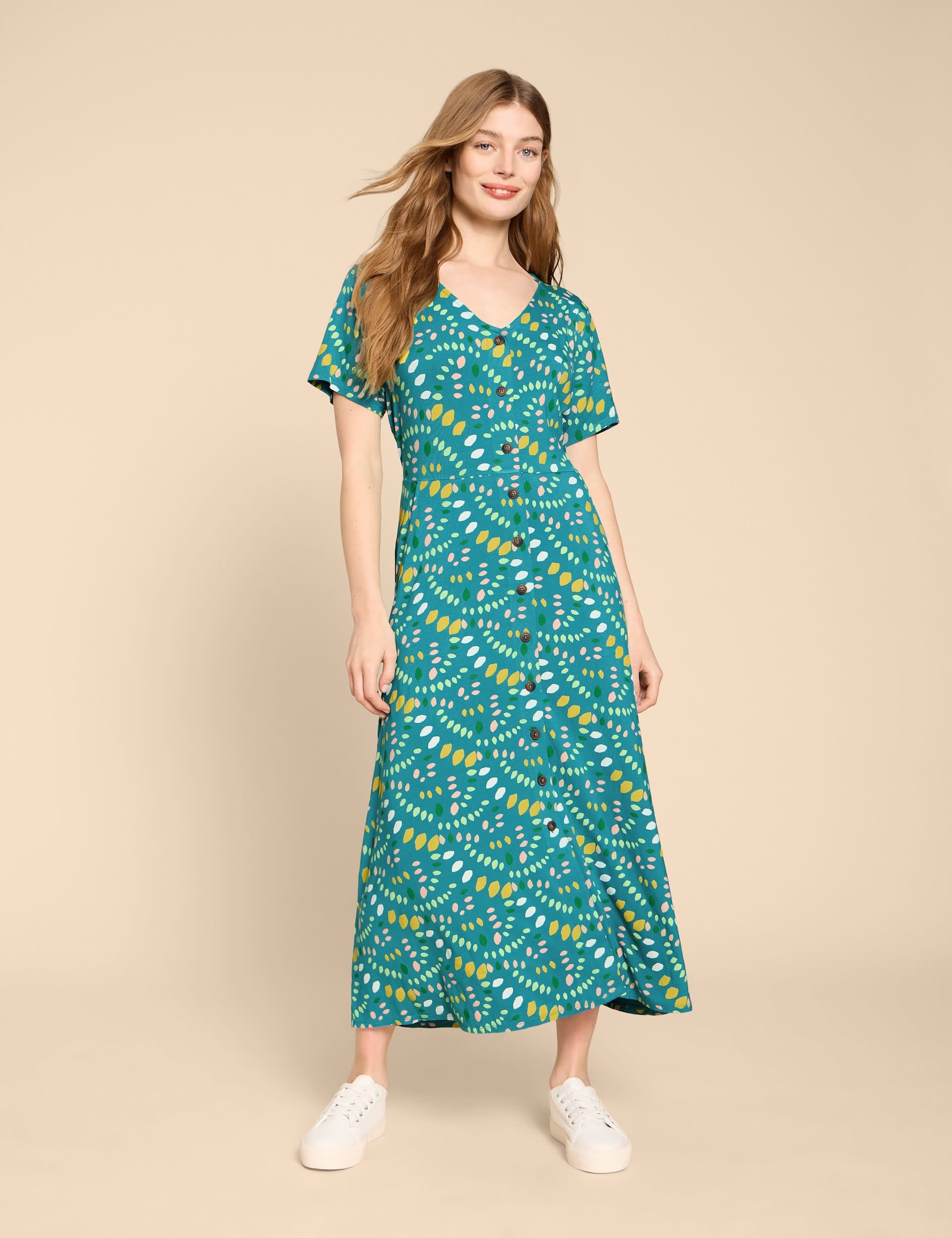 White Stuff Women's Printed V-Neck Midi Tea Dress - 10REG - Teal Mix, Teal Mix