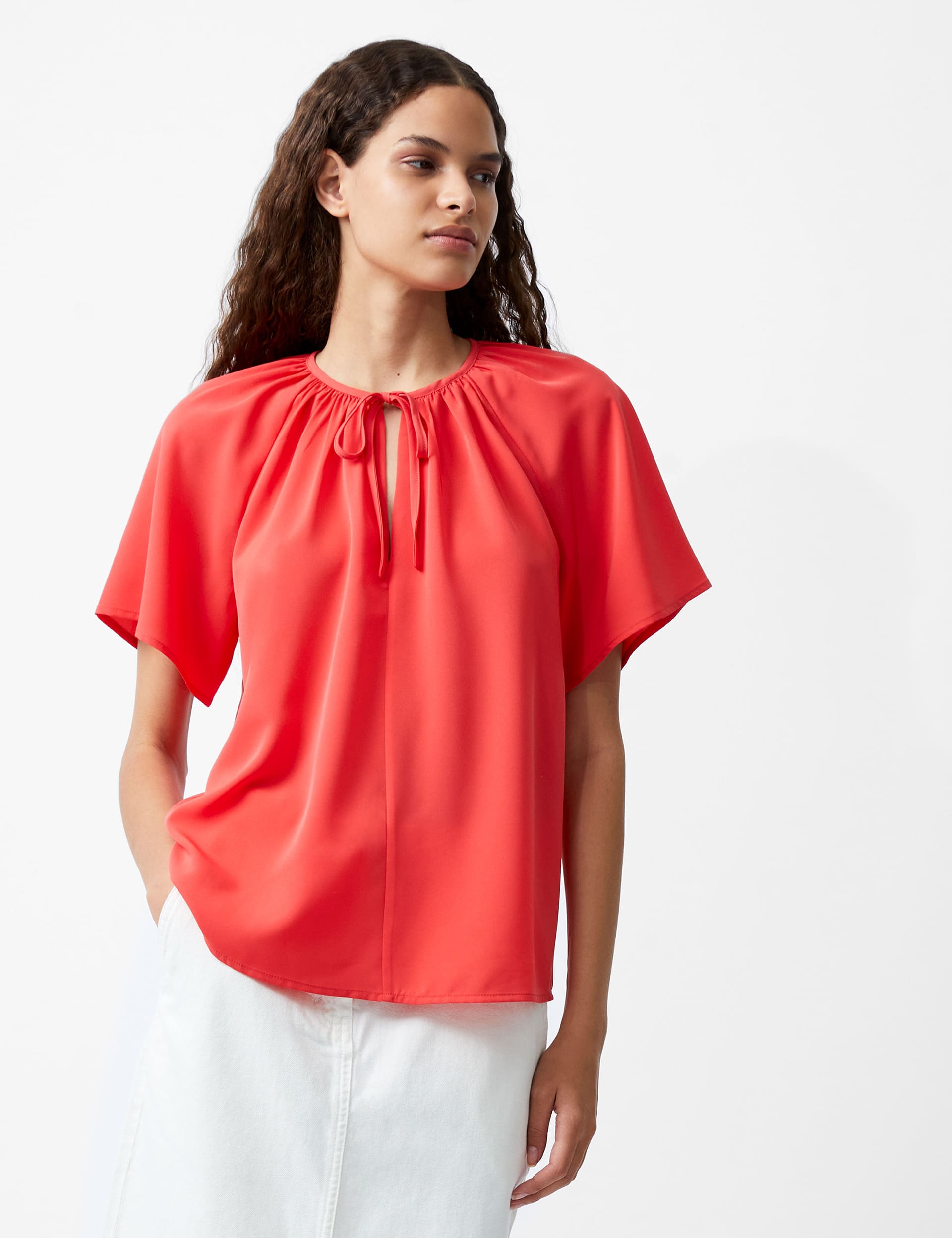 French Connection Women's Crepe Tie Neck Batwing Top - M - Red, Red