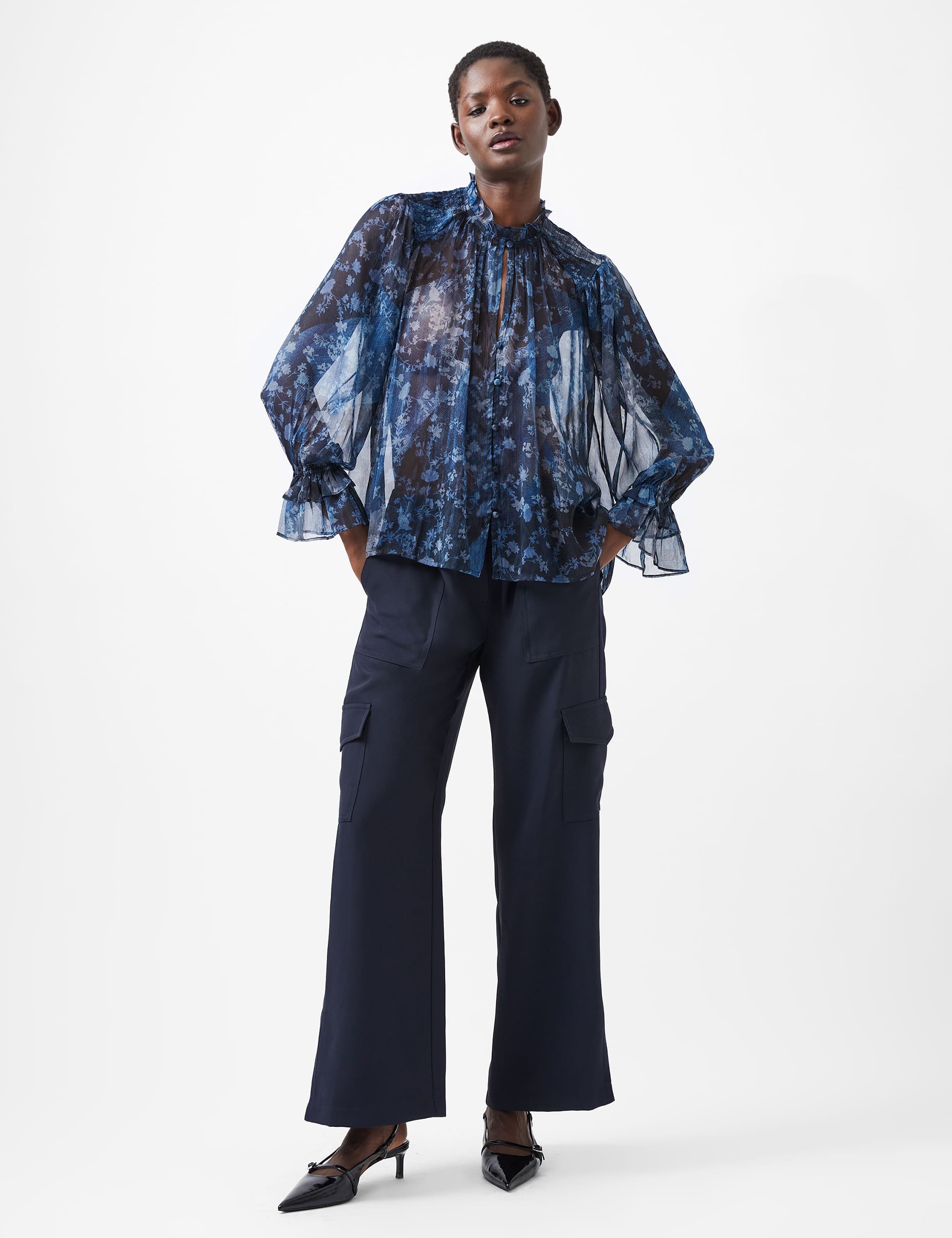 French Connection Women's Sheer Floral Print High Neck Ruffle Blouse