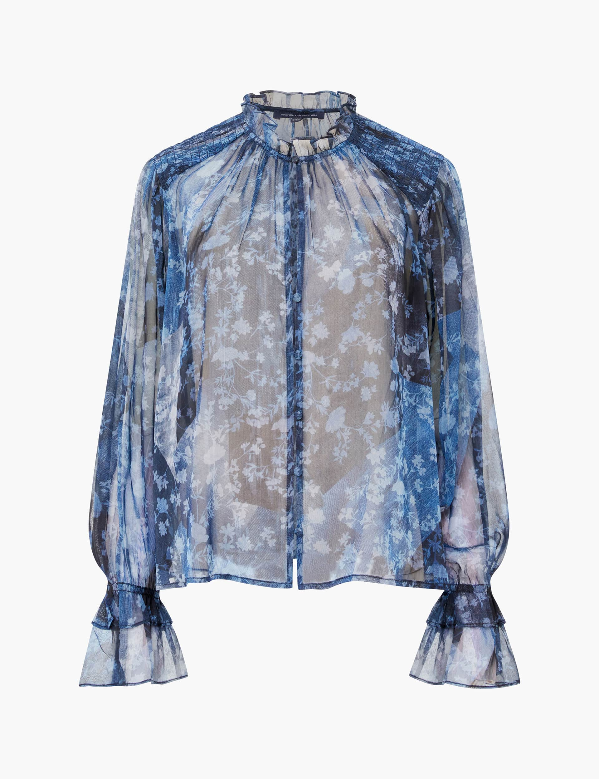 French Connection Women's Sheer Floral Print High Neck Ruffle Blouse - XS - Blue Mix, Blue Mix