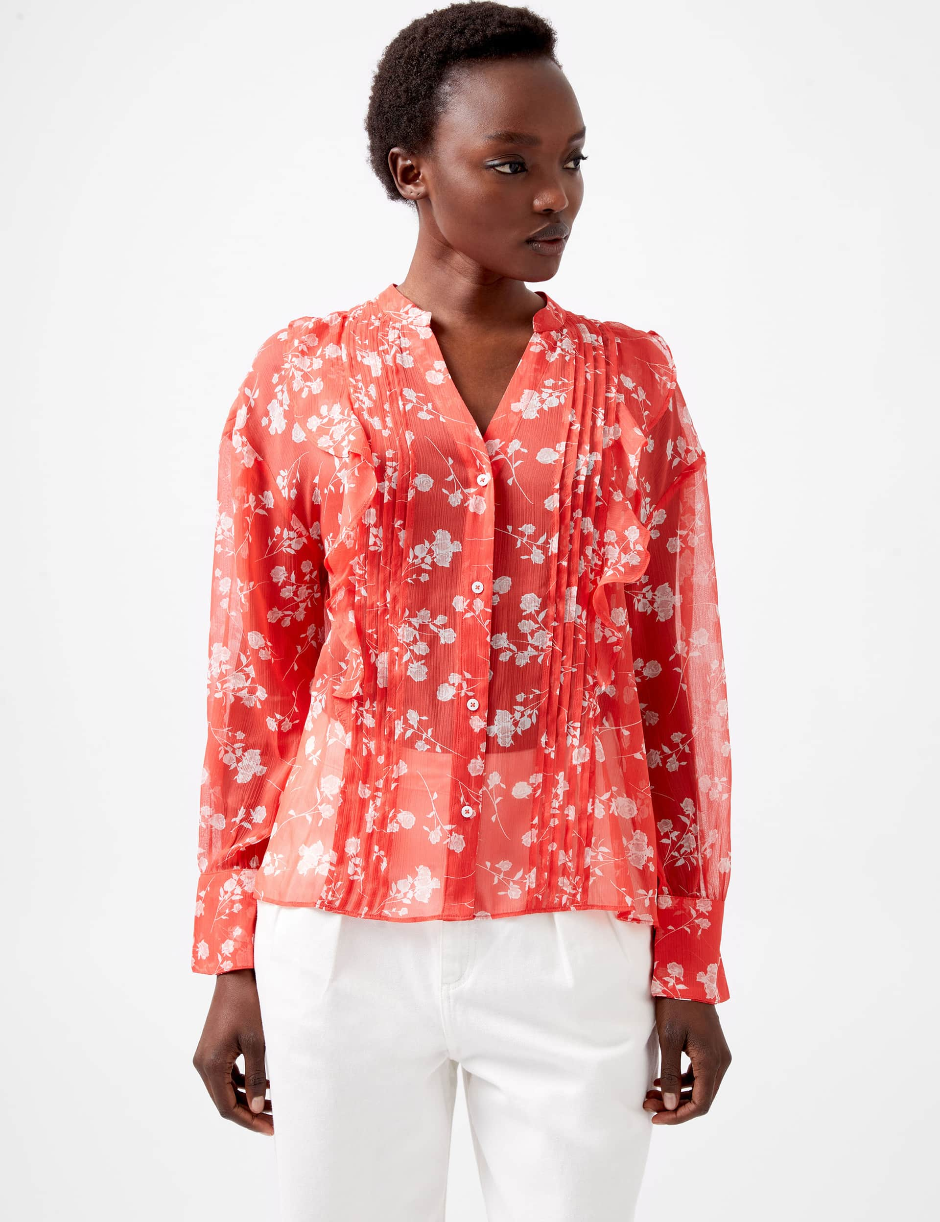 French Connection Women's Floral Textured V-Neck Pintuck Blouse - M - Red Mix, Red Mix