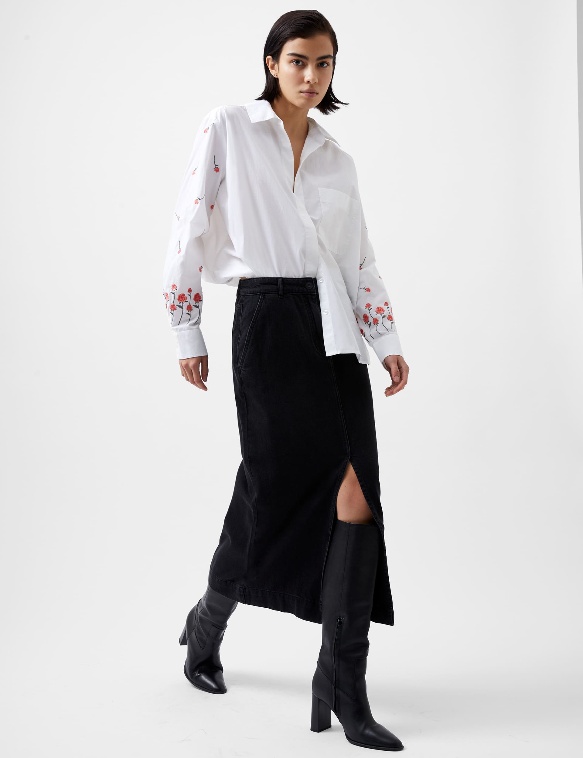 French Connection Women's Pure Cotton Floral Embroidered Relaxed Shirt