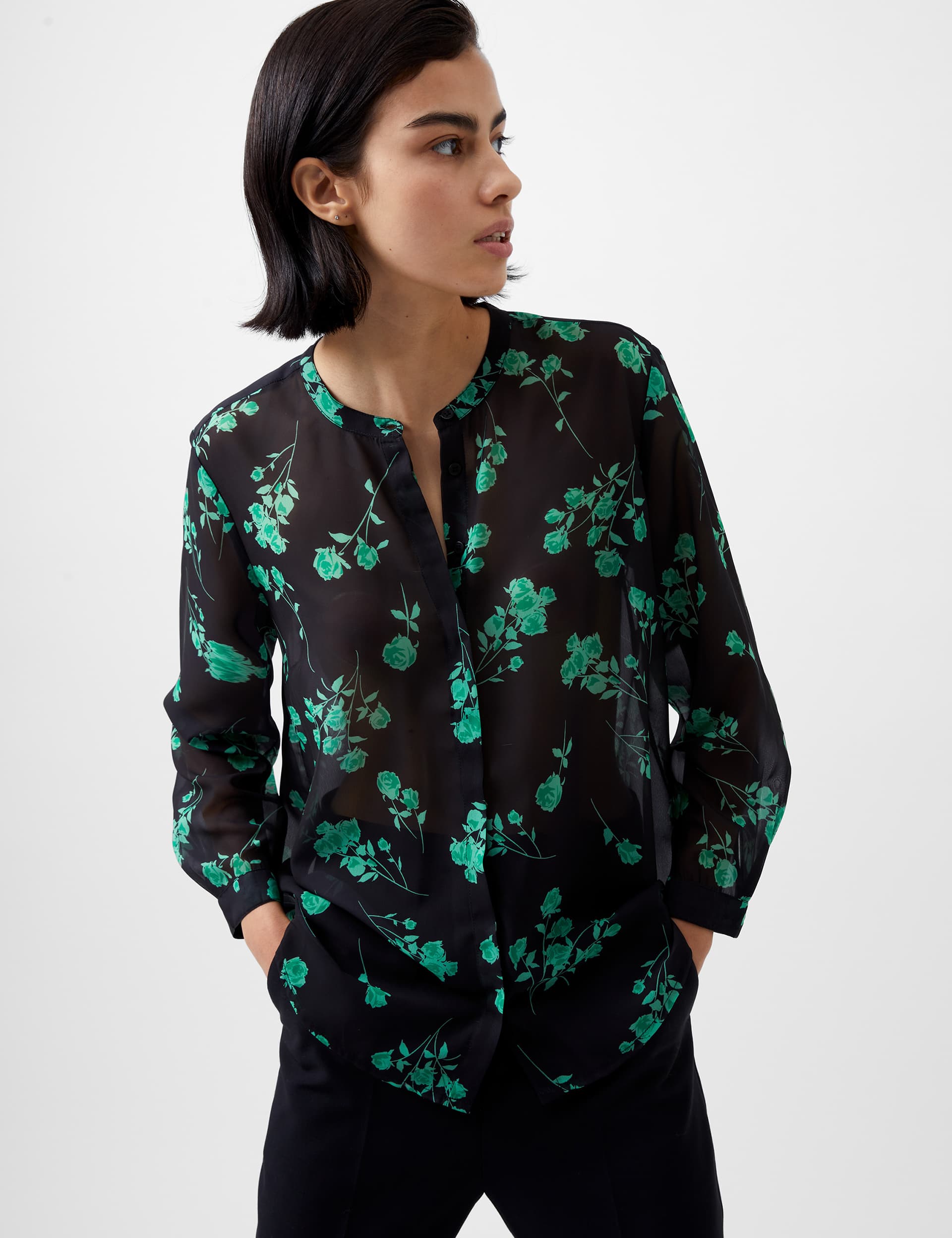 French Connection Women's Sheer Floral Print Collared Relaxed Blouse - 8 - Black Mix, Black Mix