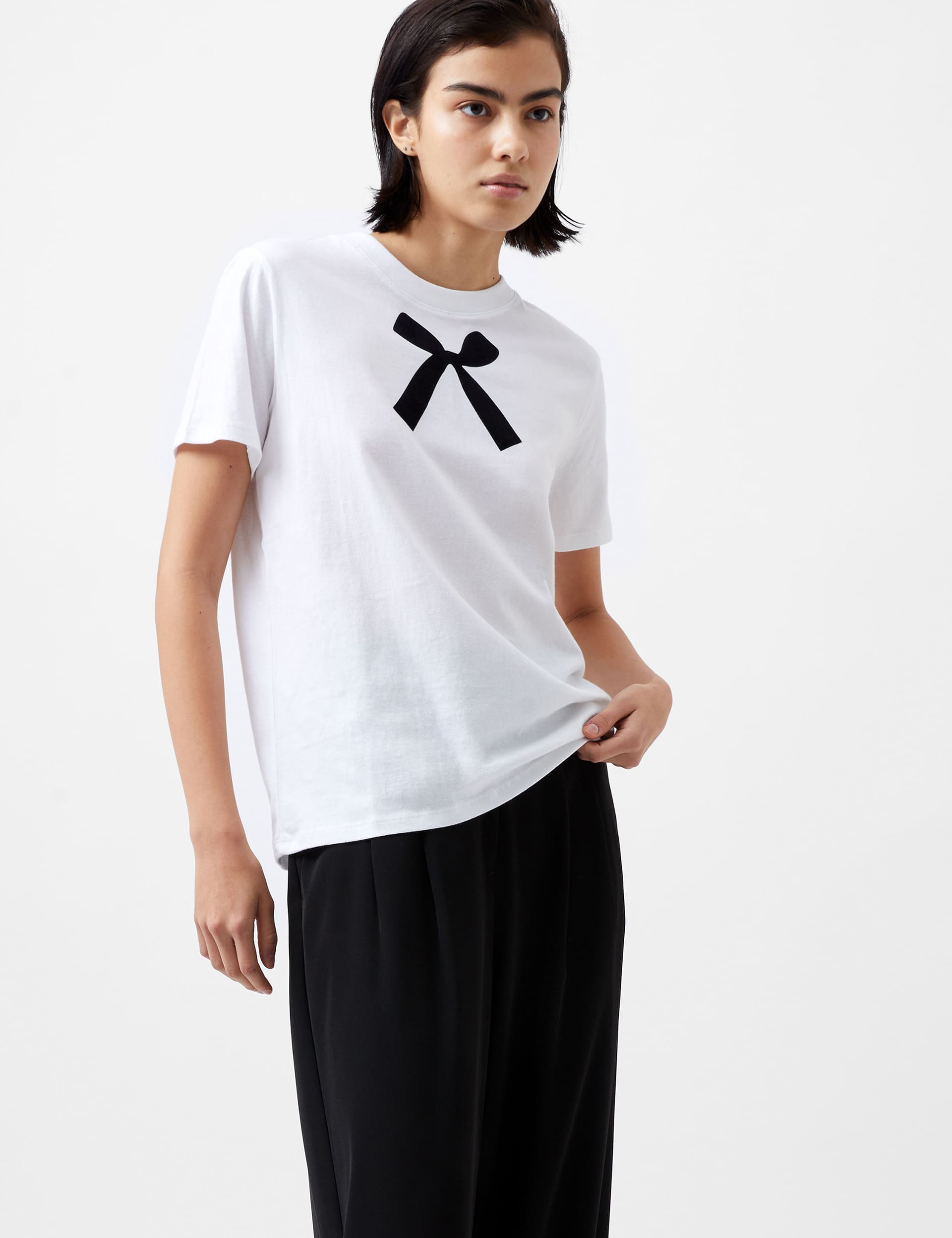 French Connection Women's Pure Cotton Bow Graphic T-Shirt - M - White Mix, White Mix