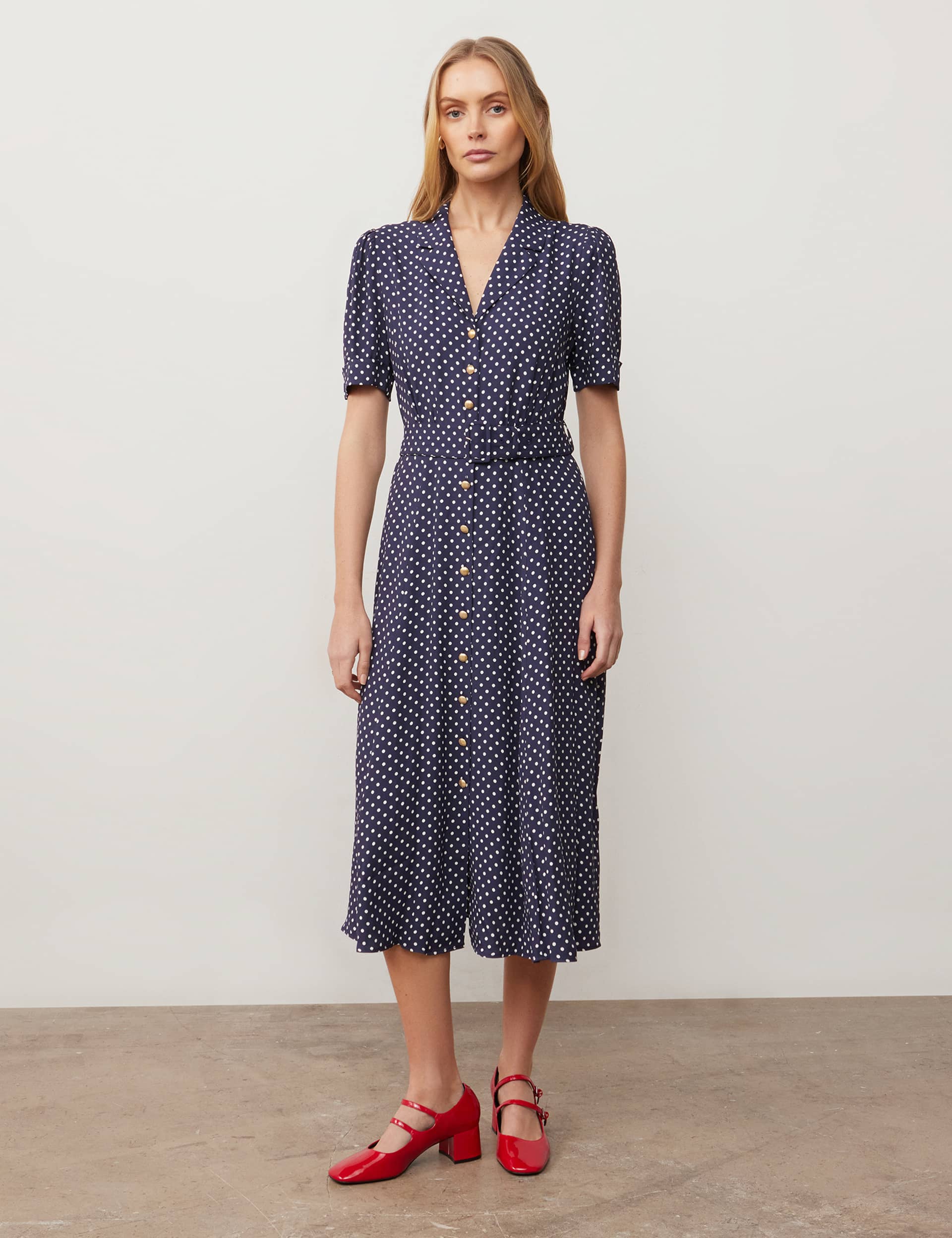 Finery London Women's Polka Dot Button Through Midi Waisted Dress - 18 - Blue Mix, Blue Mix