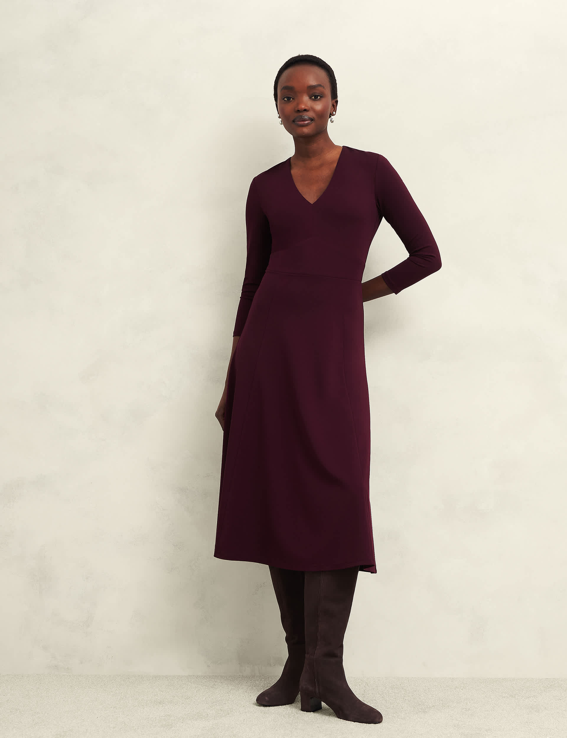 Hobbs Women's V-Neck Midi Waisted Dress - 10 - Burgundy, Burgundy