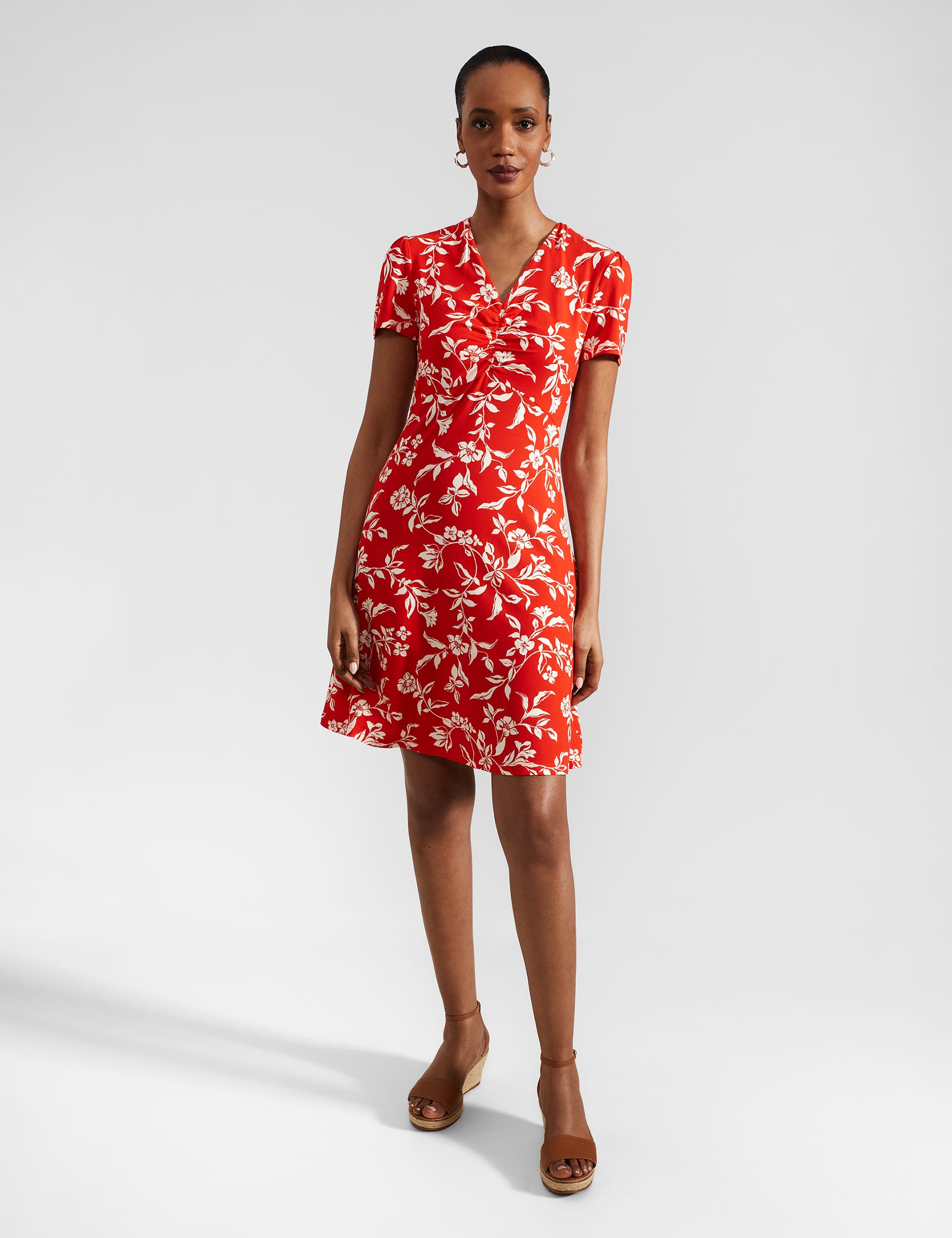 Hobbs Women's Jersey Floral V-Neck Waisted Dress - 14PET - Red, Red