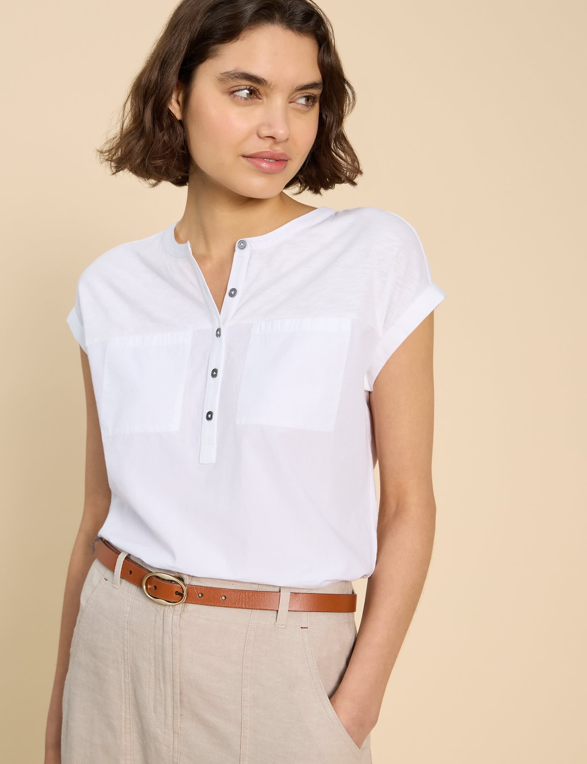 White Stuff Women's Pure Cotton Crew Neck Button Through Shirt