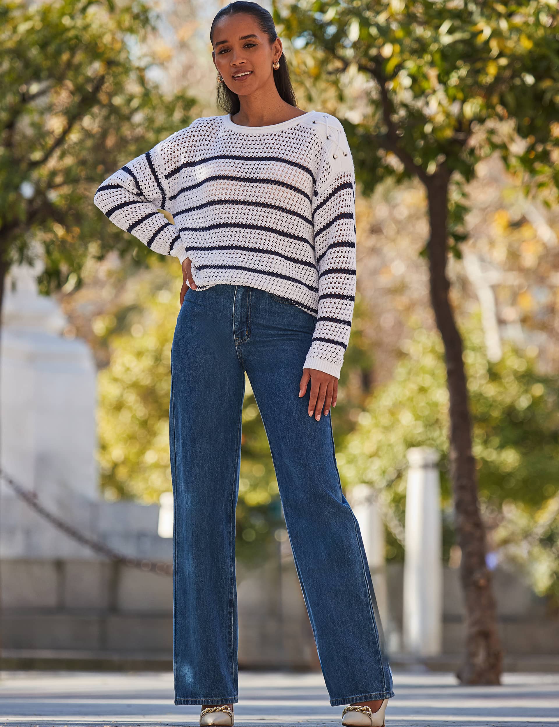 Sosandar Women's Cotton Blend Striped Slash Neck Jumper