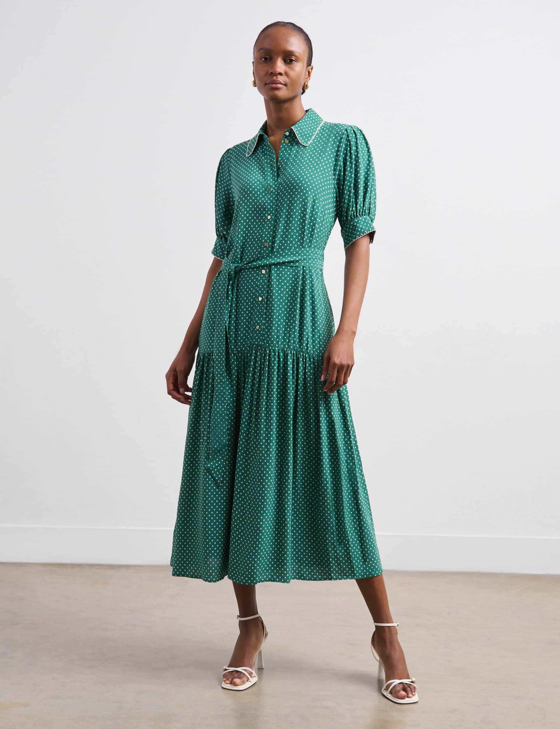 Finery London Women's Crepe Polka Dot Collared Midaxi Tea Dress - 14 - Green Mix, Green Mix