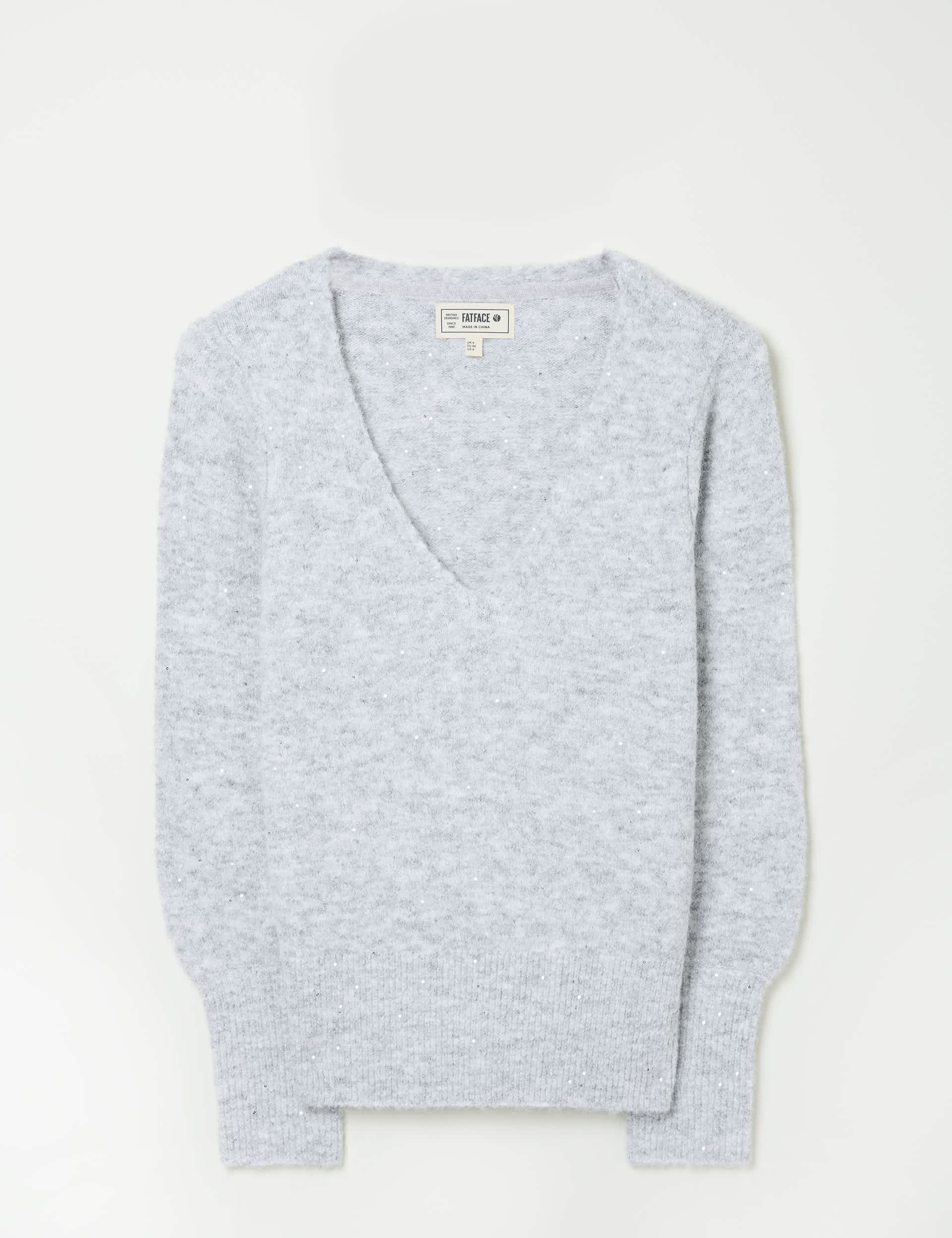 Fatface Women's Sparkly Textured V-Neck Jumper - 18 - Light Grey, Light Grey