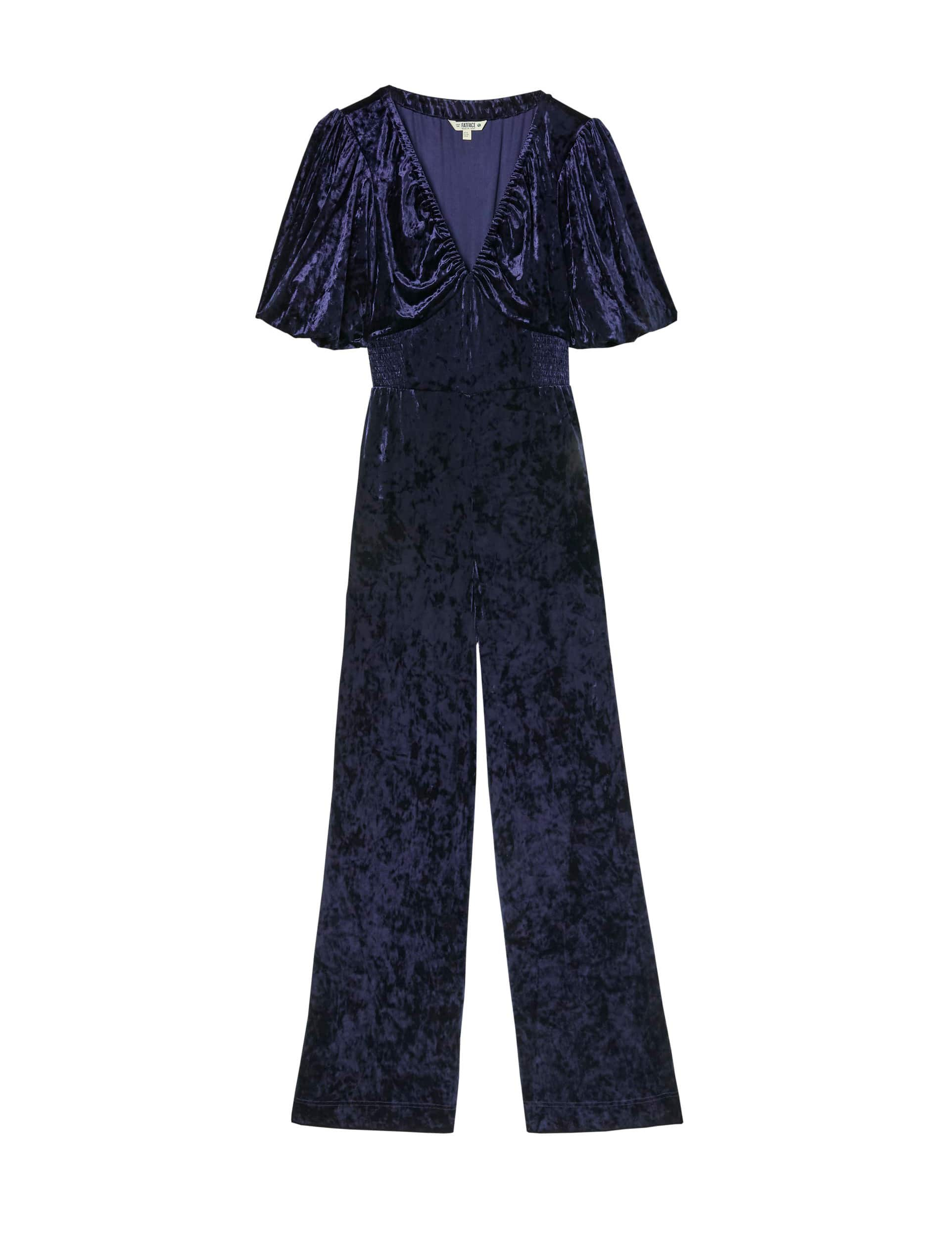 Fatface Women's Velvet Short Sleeve Wide Leg Jumpsuit - 8 - Navy, Navy