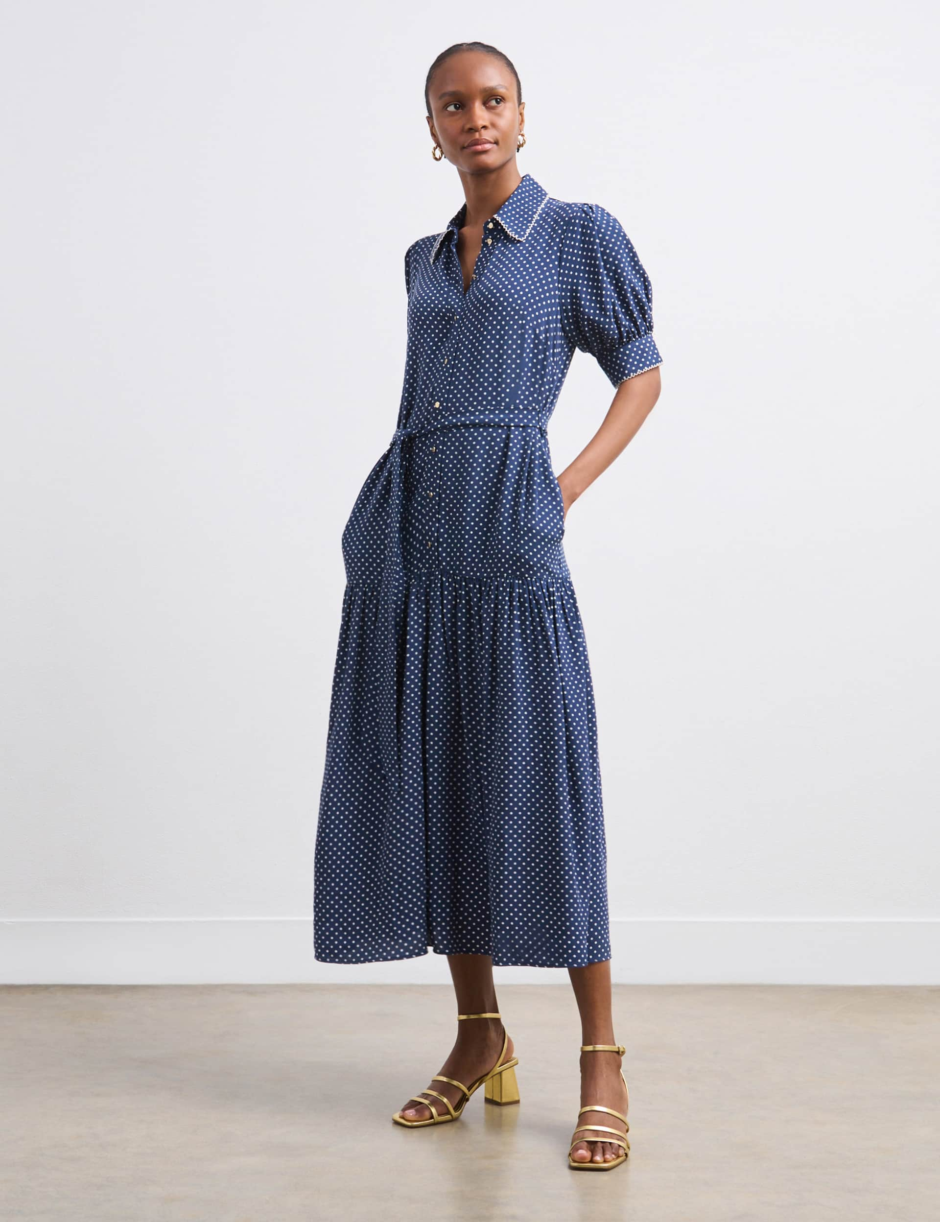 Finery London Women's Crepe Polka Dot Collared Midaxi Shirt Dress - 16 - Navy Mix, Navy Mix