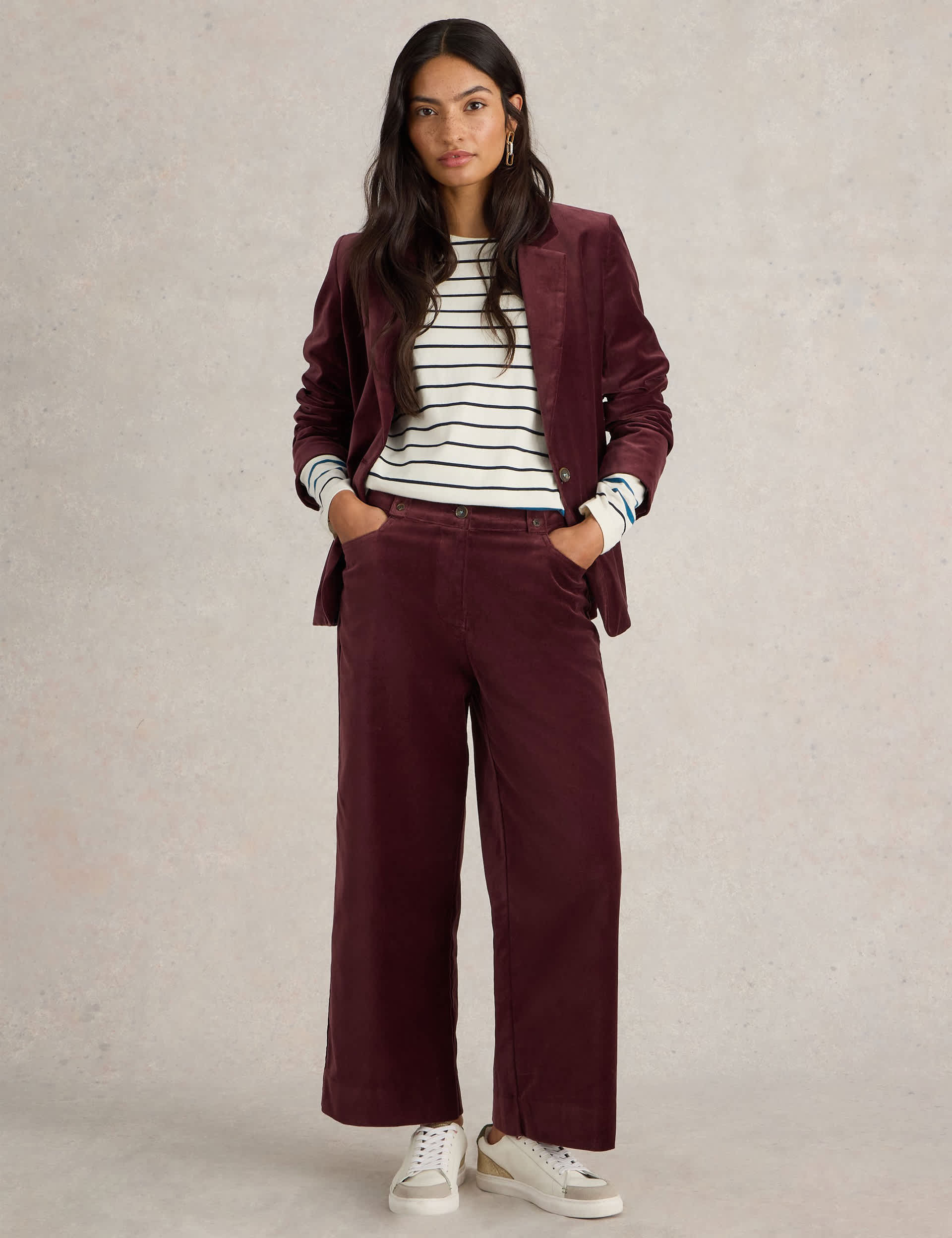 White Stuff Women's Pure Cotton Velvet Wide Leg Cropped Trousers