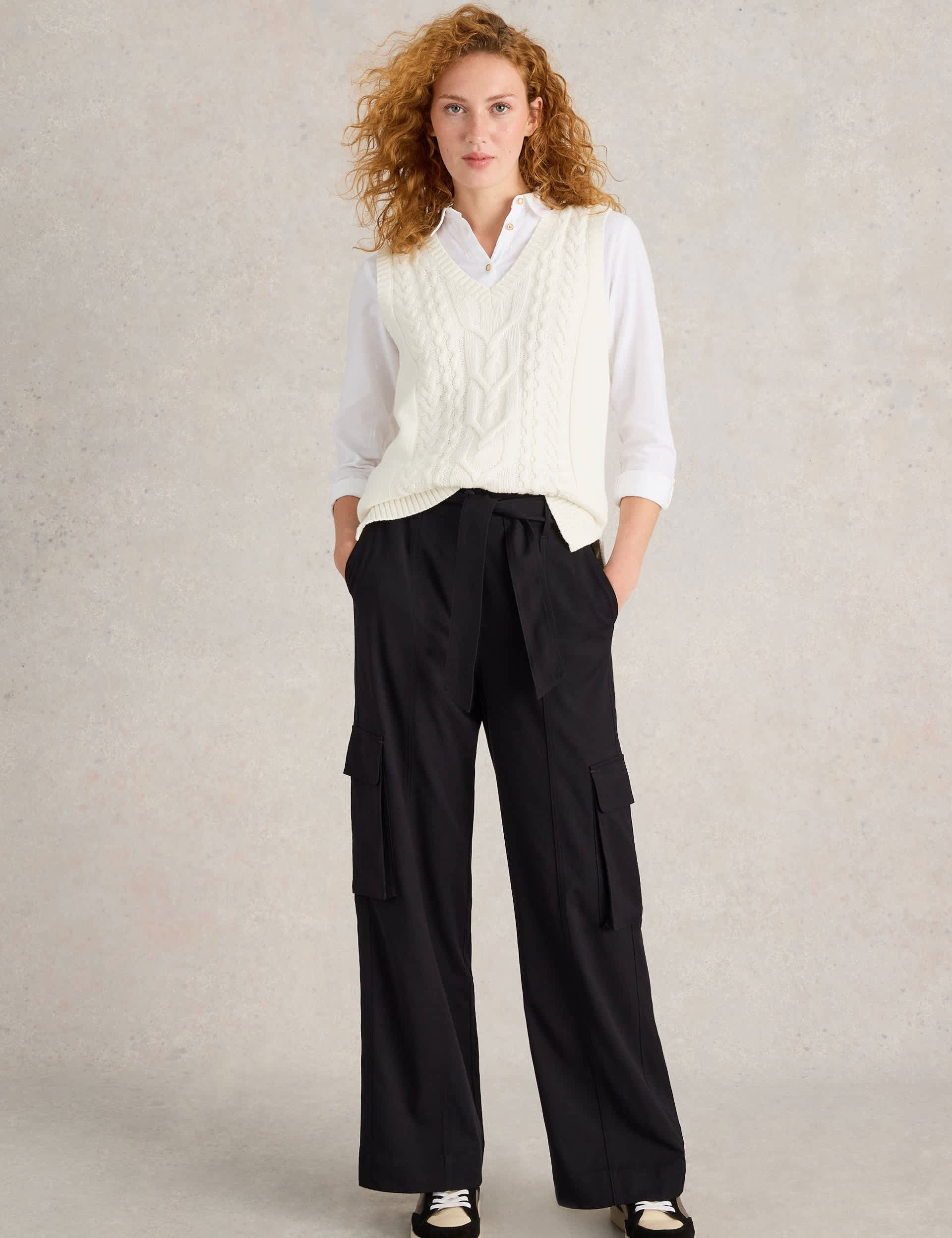 White Stuff Women's Cargo Belted Wide Leg Trousers with Wool - 10 - Black, Black