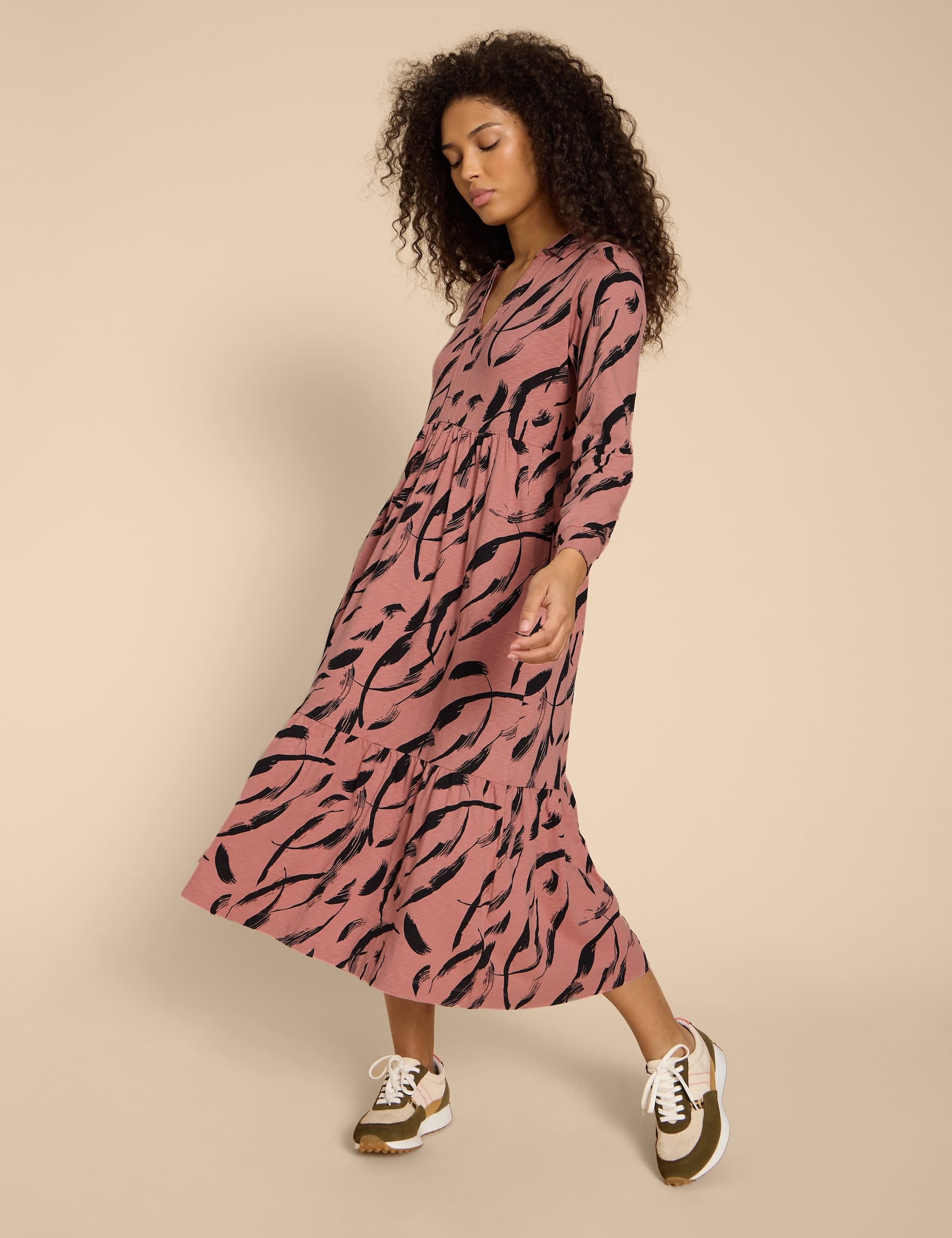 White Stuff Women's Jersey Printed Midi Shirt Dress - 12 - Pink Mix, Pink Mix