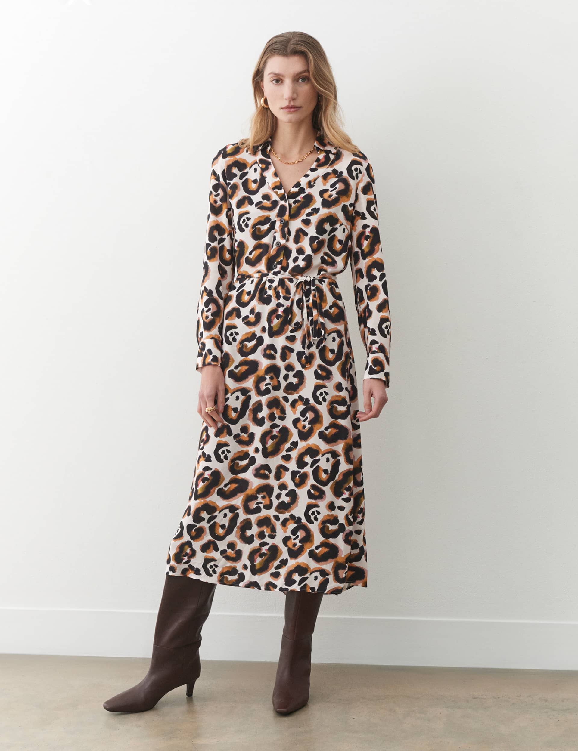 Finery London Women's Animal Print Midaxi Shirt Dress - 14 - Brown Mix, Brown Mix