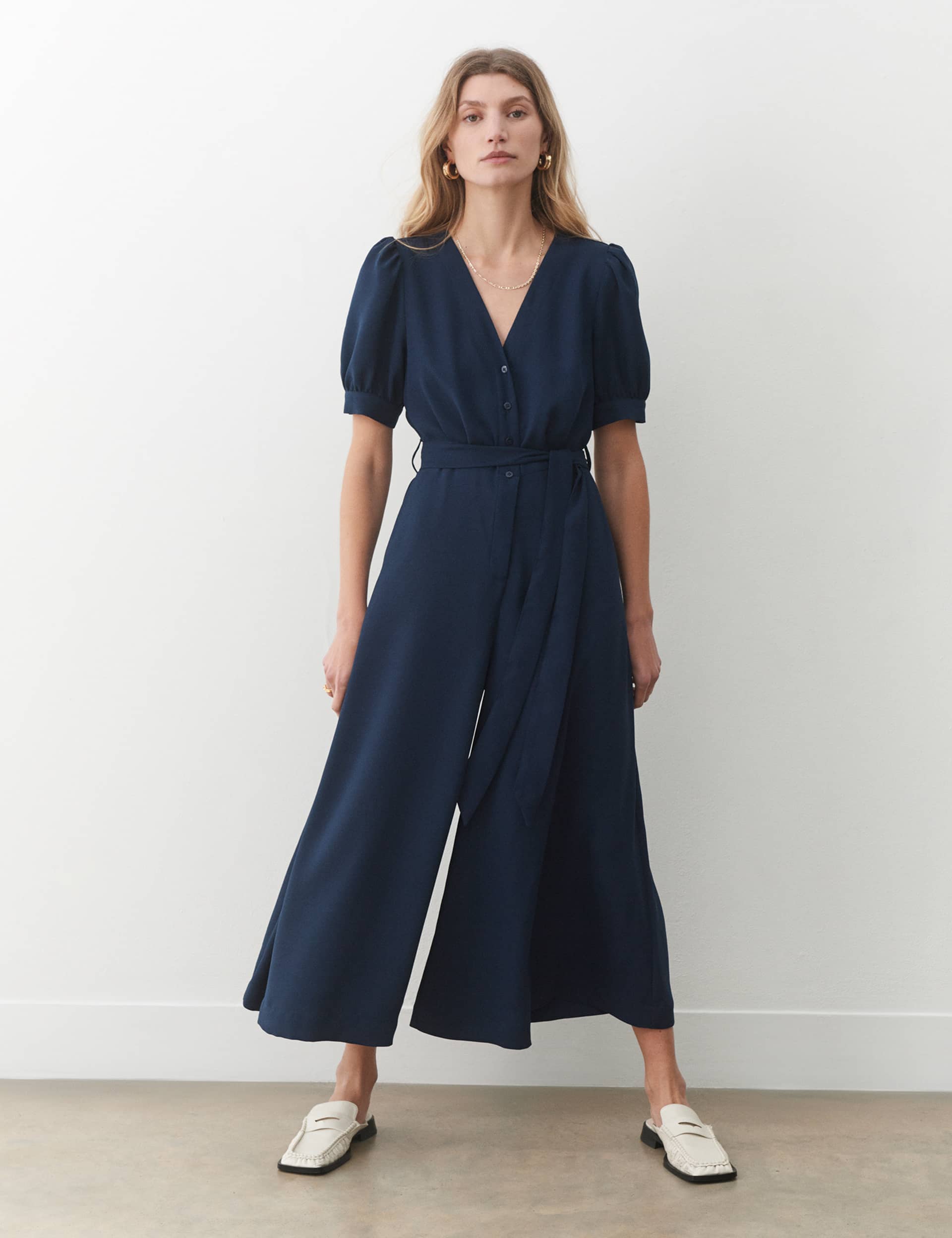 Finery London Women's Belted Cropped Wide Leg Jumpsuit - 10 - Navy, Navy