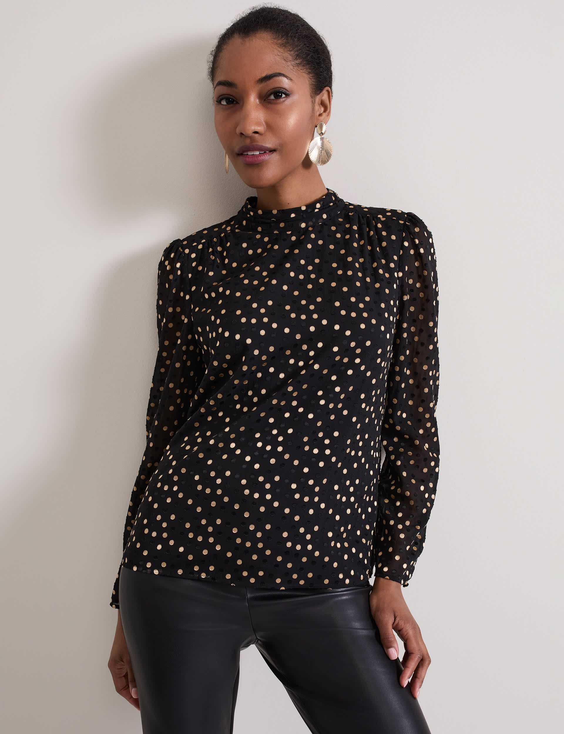 Phase Eight Women's Jacquard Polka Dot Blouson Sleeve Blouse - 14 - Black, Black