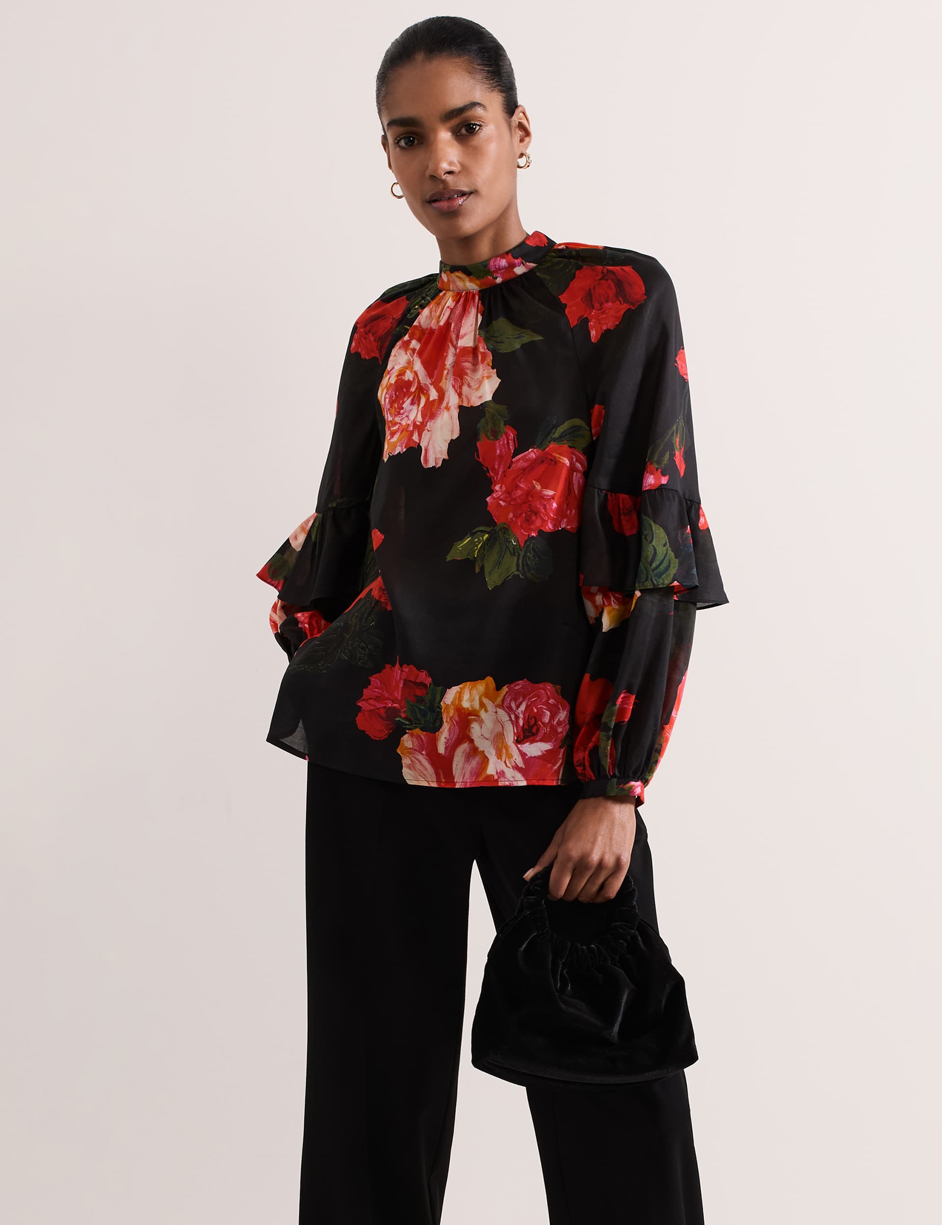 Phase Eight Women's Pure Lyocell Rose Print Frill Detail Blouse