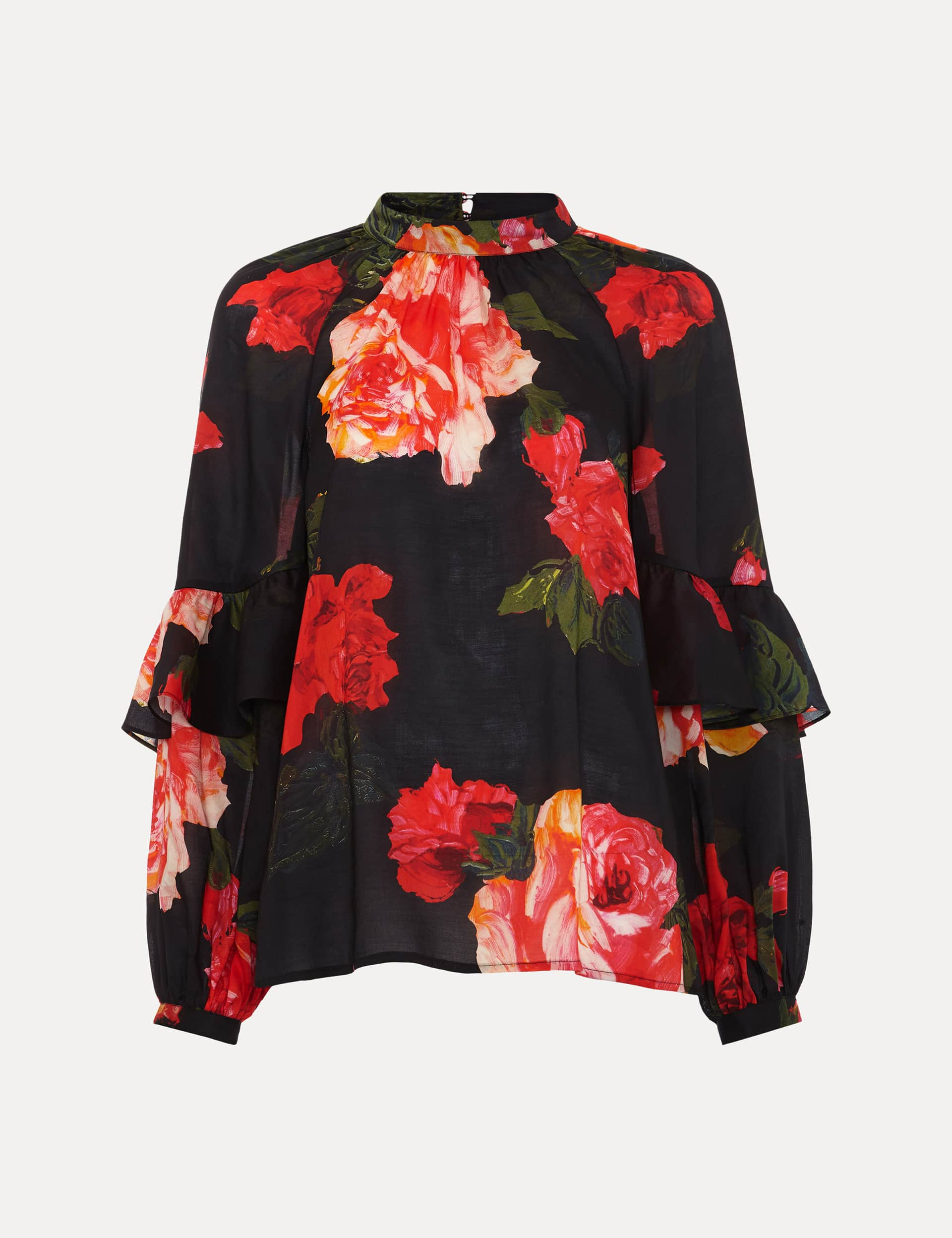 Phase Eight Women's Pure Lyocell Rose Print Frill Detail Blouse - 12 - Black Mix, Black Mix