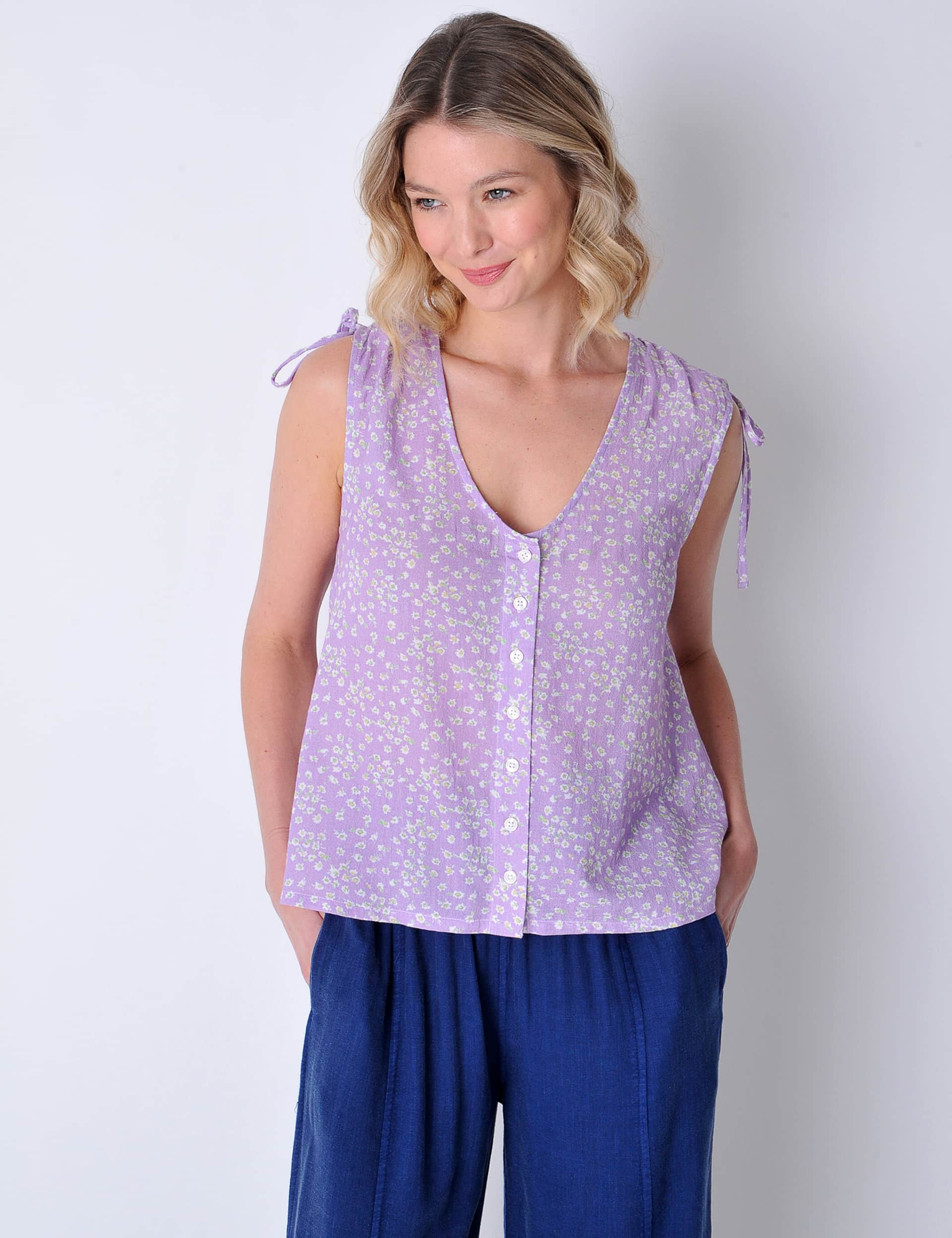 Burgs Women's Pure Cotton Floral V-Neck Vest Top - 12 - Purple Mix, Purple Mix