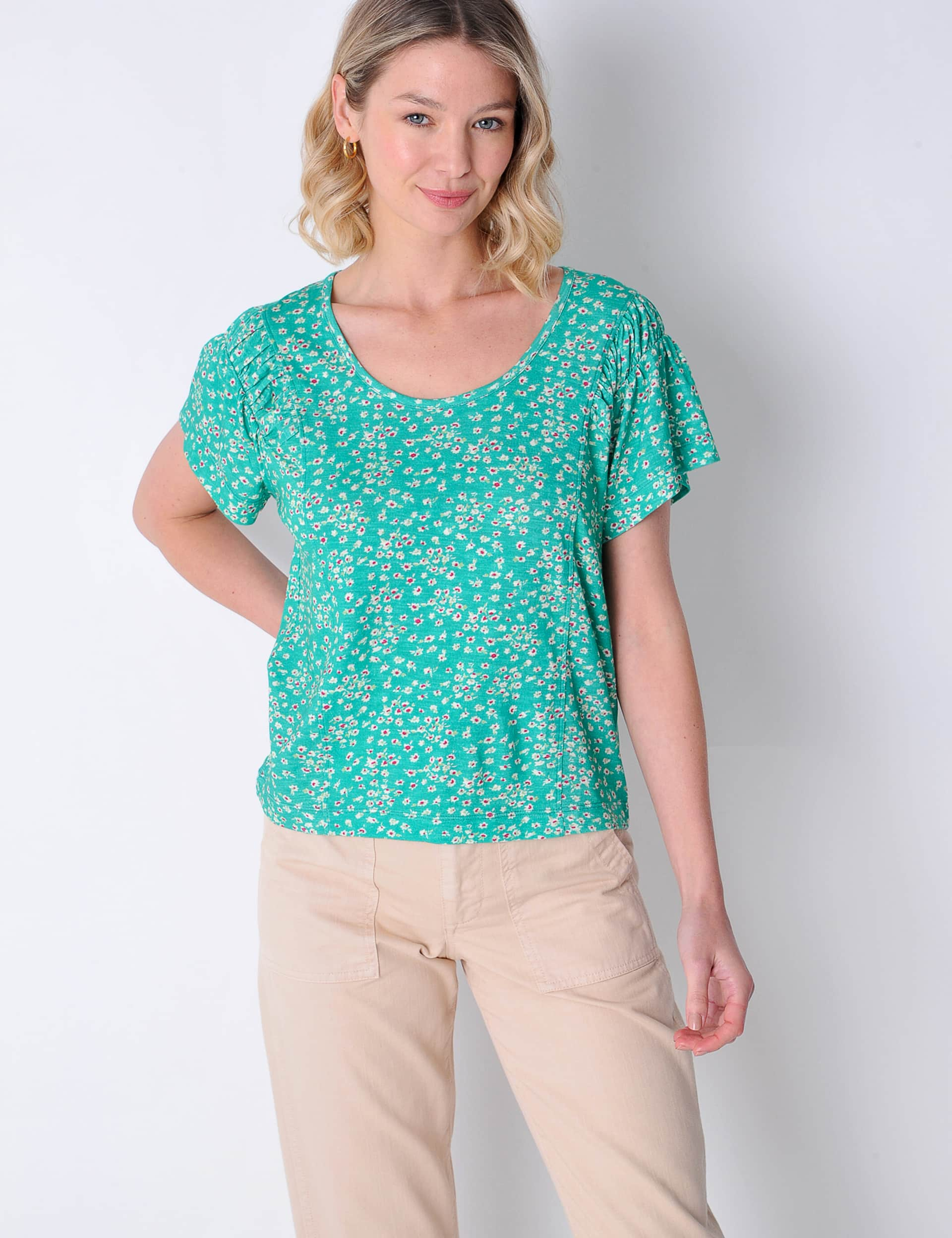 Burgs Women's Cotton Modal Blend Floral Scoop Neck Top - 10 - Green Mix, Green Mix