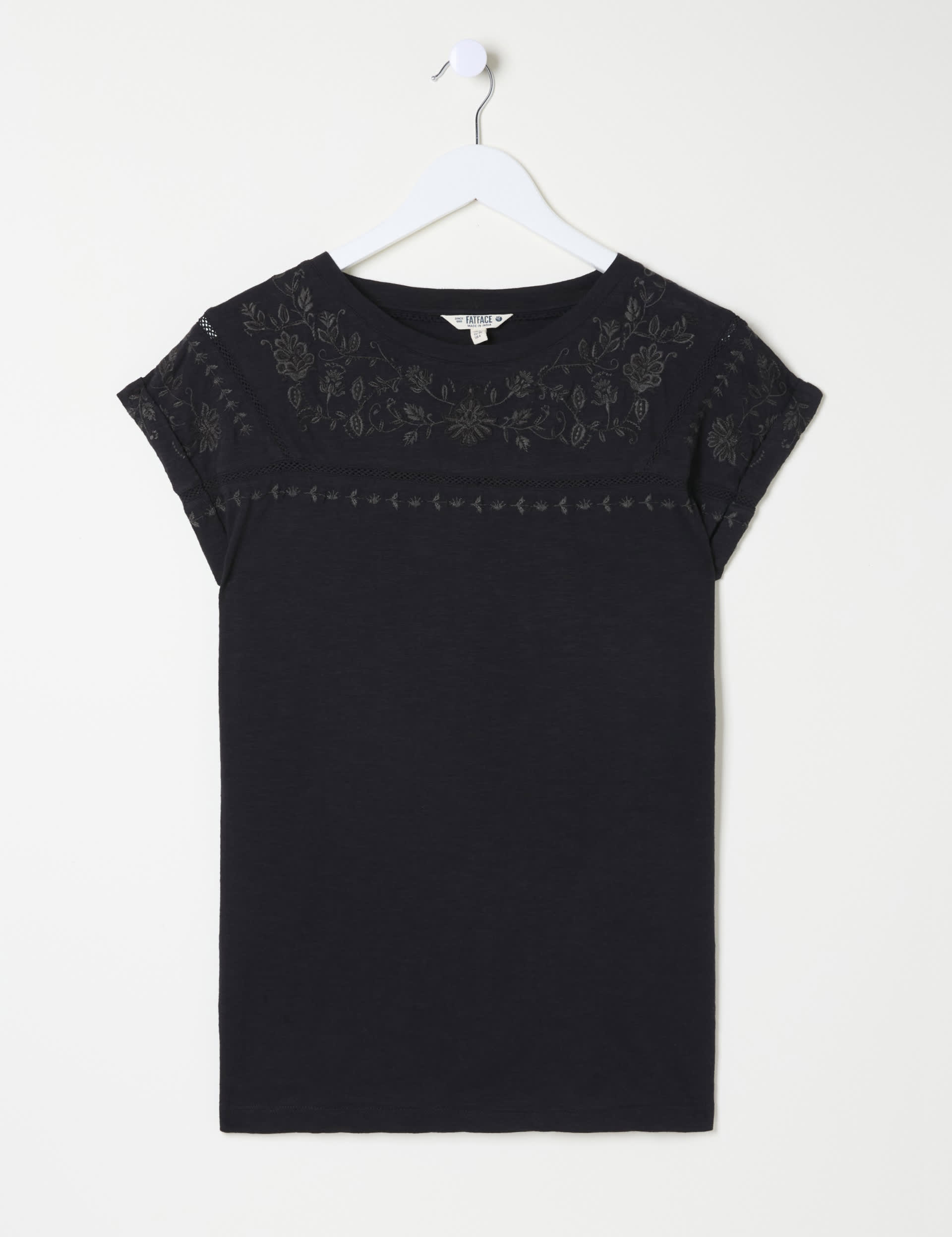 Fatface Women's Cotton Rich Embroidered T-Shirt - 14 - Black Mix, Black Mix