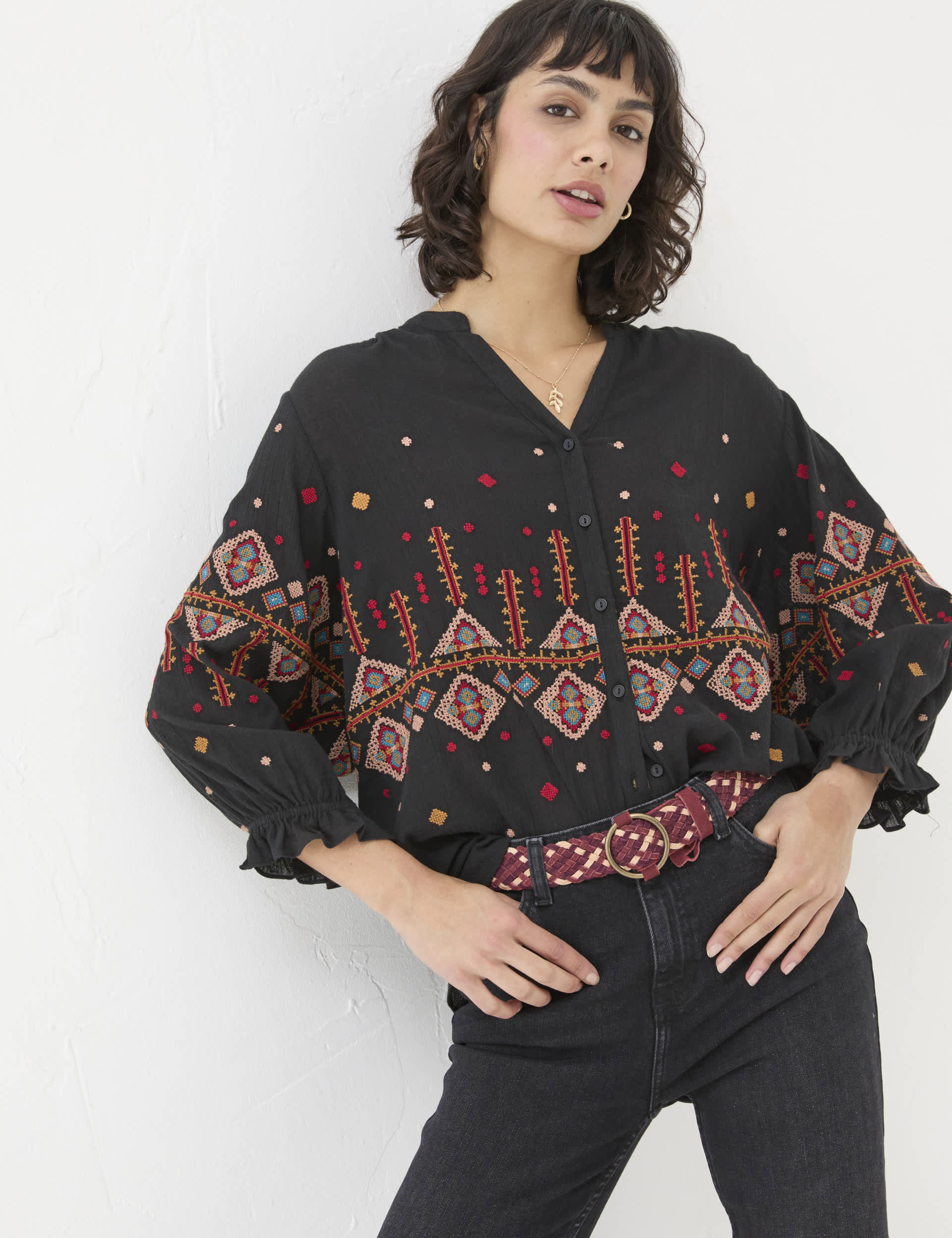 Fatface Women's Pure Cotton Embroidered V-Neck Blouse - Black Mix, Black Mix