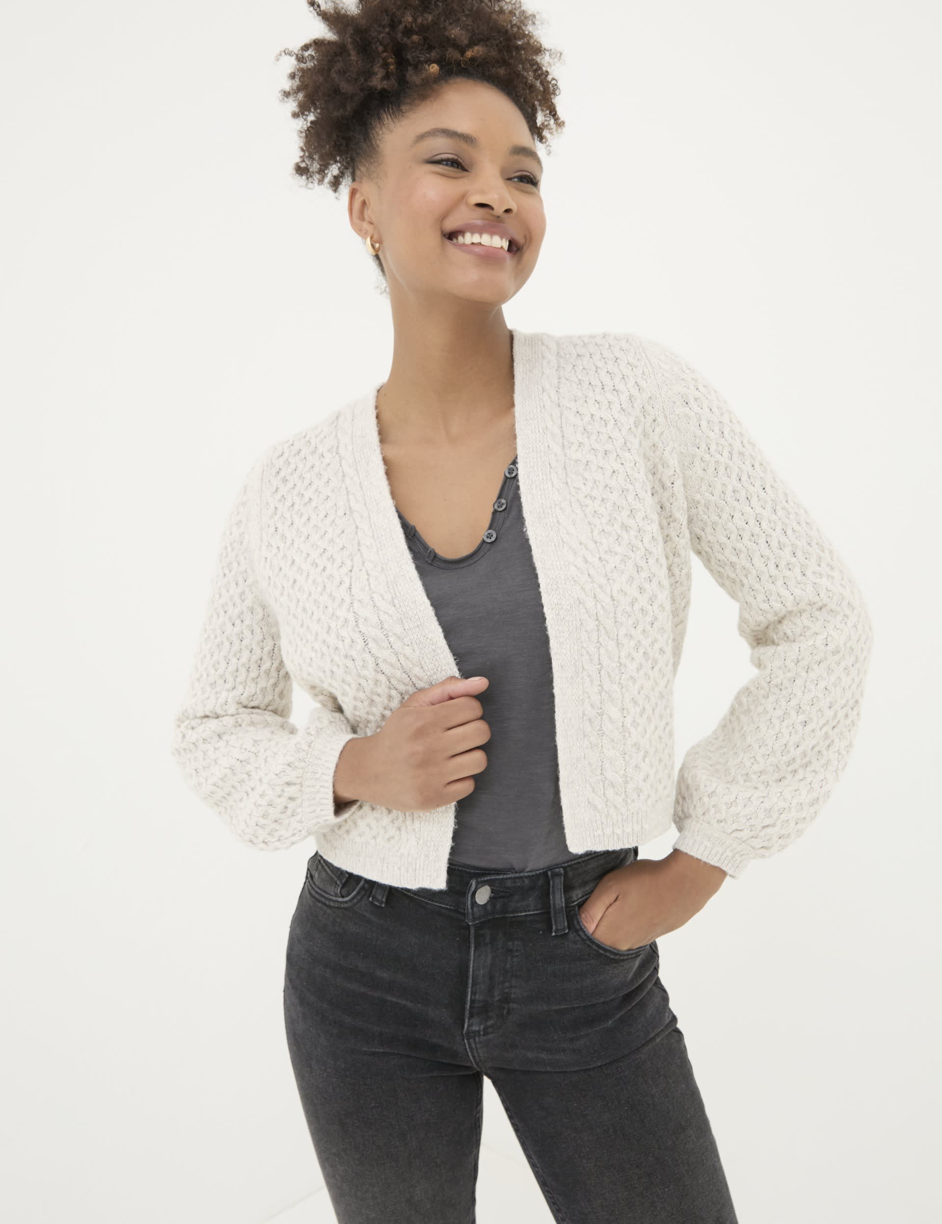 Fatface Women's Cotton Blend Textured V-Neck Cardigan - 16 - Ivory, Ivory