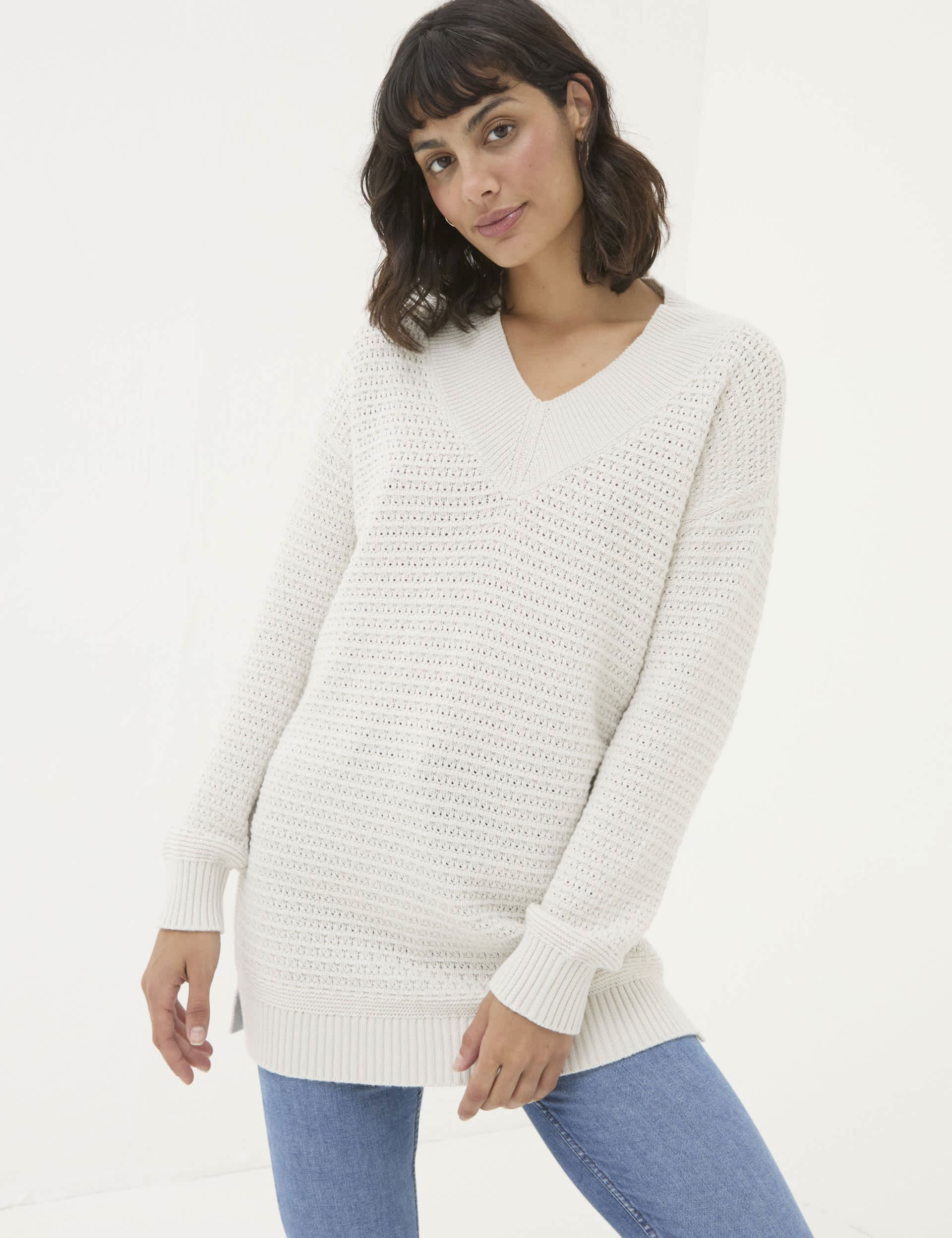 Fatface Women's Textured V-Neck Longline Jumper