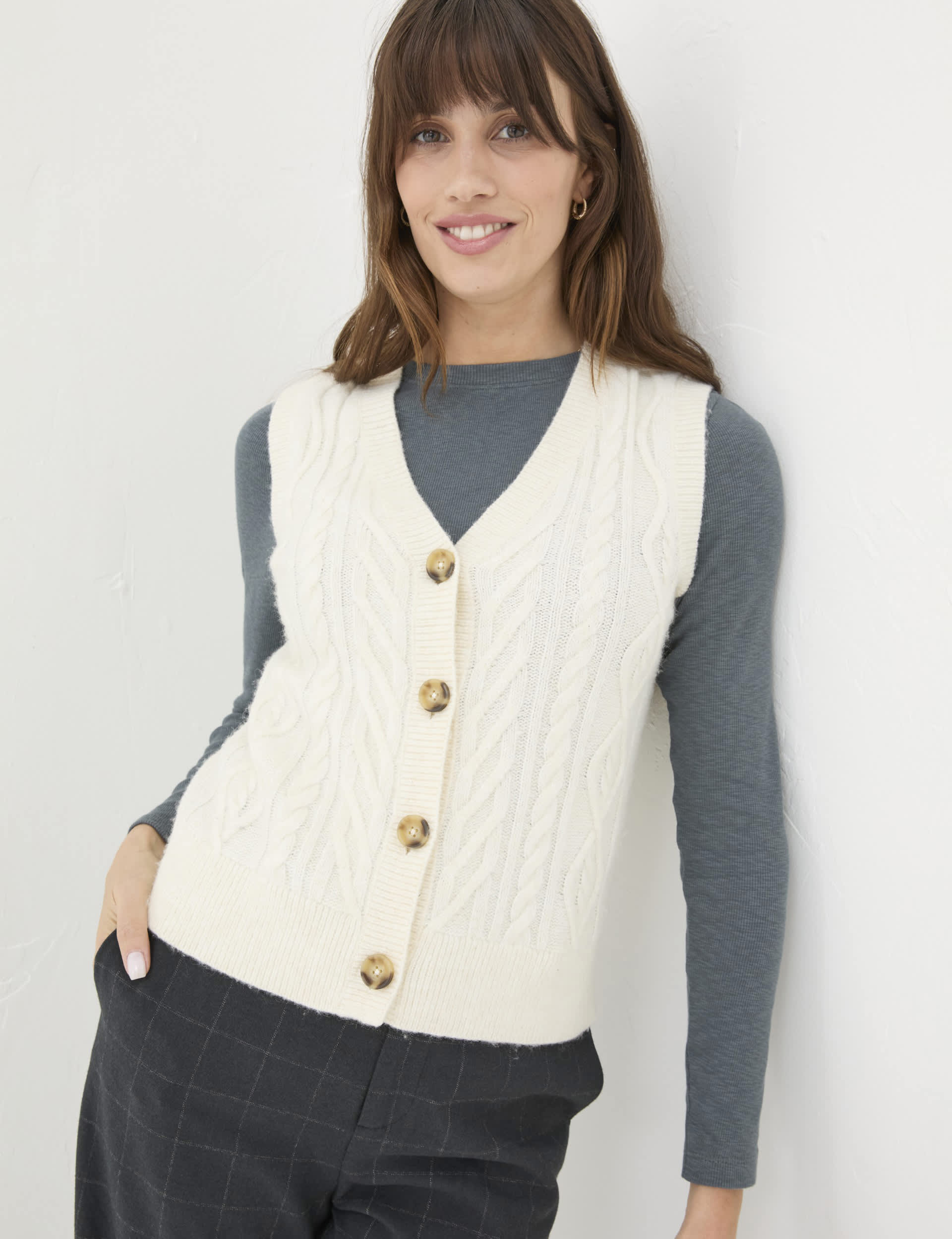 Fatface Women's Cable Knit V-Neck Knitted Vest with Wool