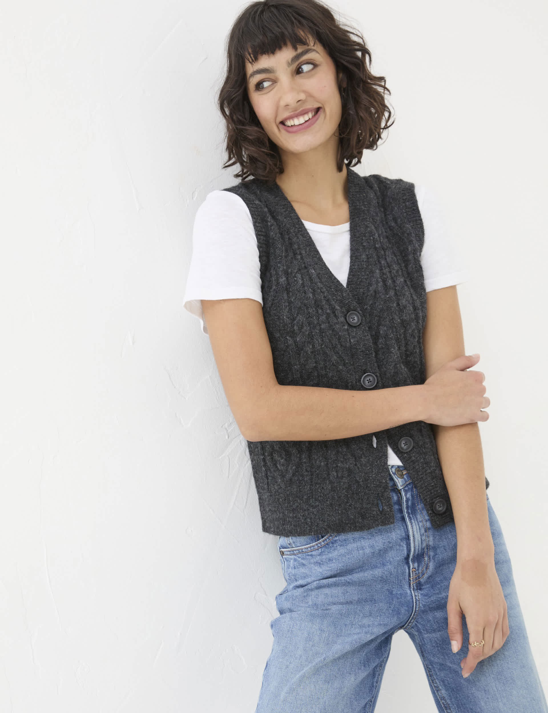 Fatface Women's Cable Knit V-Neck Knitted Vest with Wool - 12 - Grey, Grey,Ivory