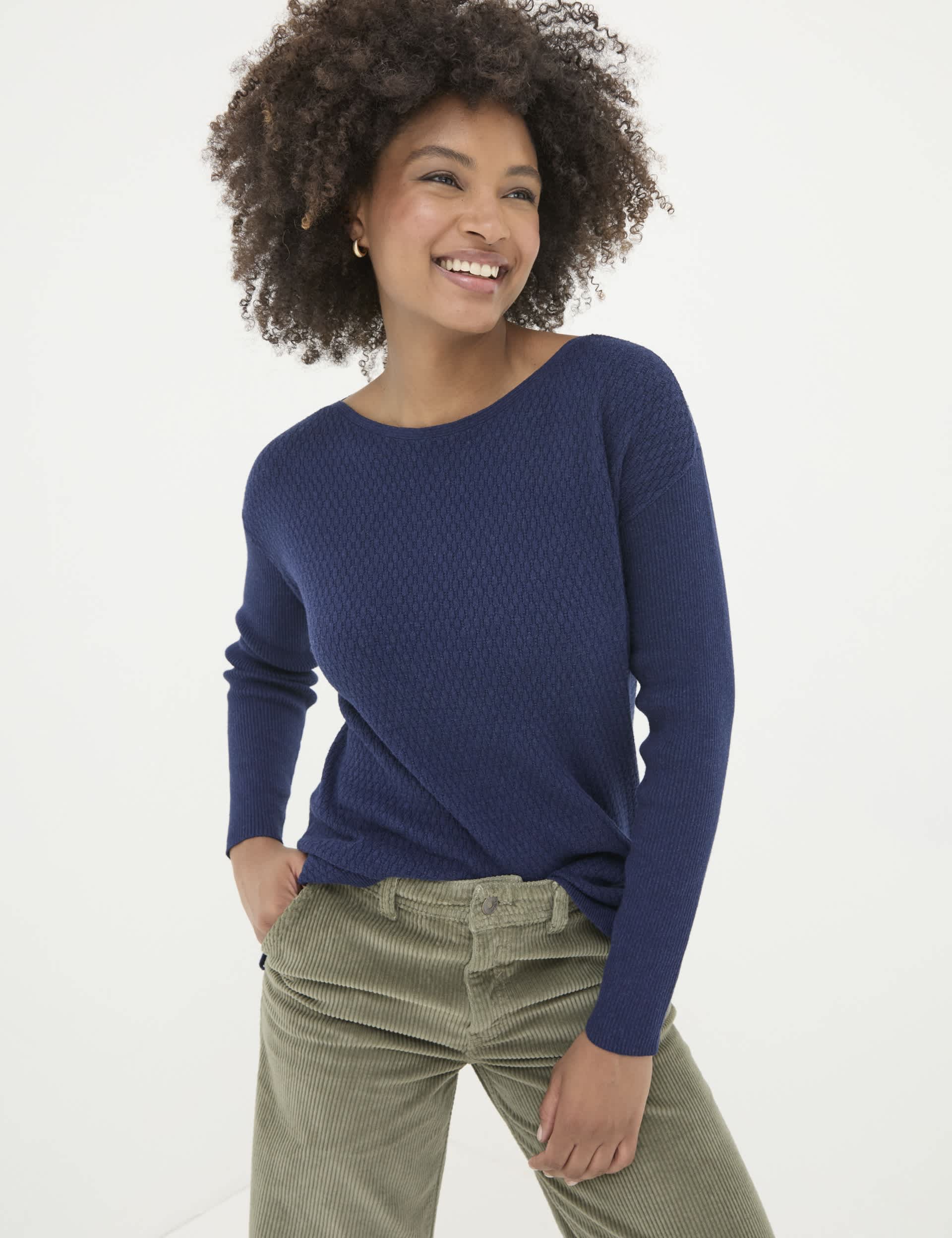 Fatface Women's Pure Cotton Textured Slash Neck Jumper - 12 - Navy, Navy