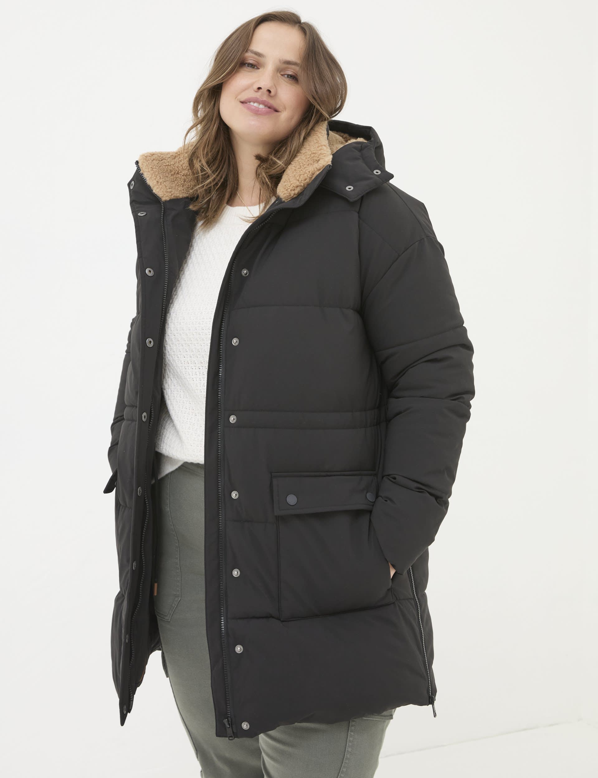 Fatface Women's Hooded Longline Puffer Coat - 12 - Black, Black,Tan