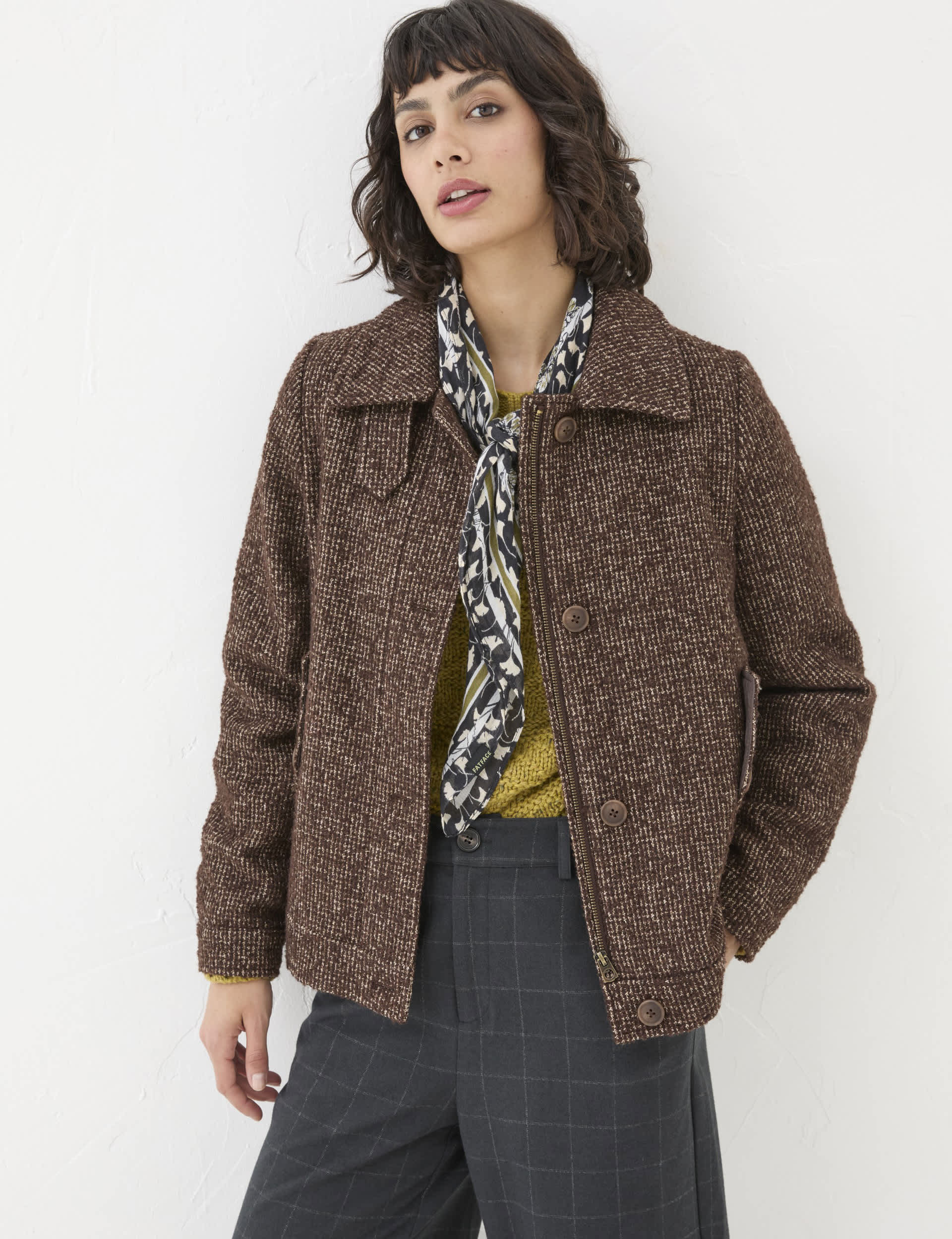 Fatface Women's Wool Blend Textured Collared Tailored Jacket - 14 - Brown Mix, Brown Mix