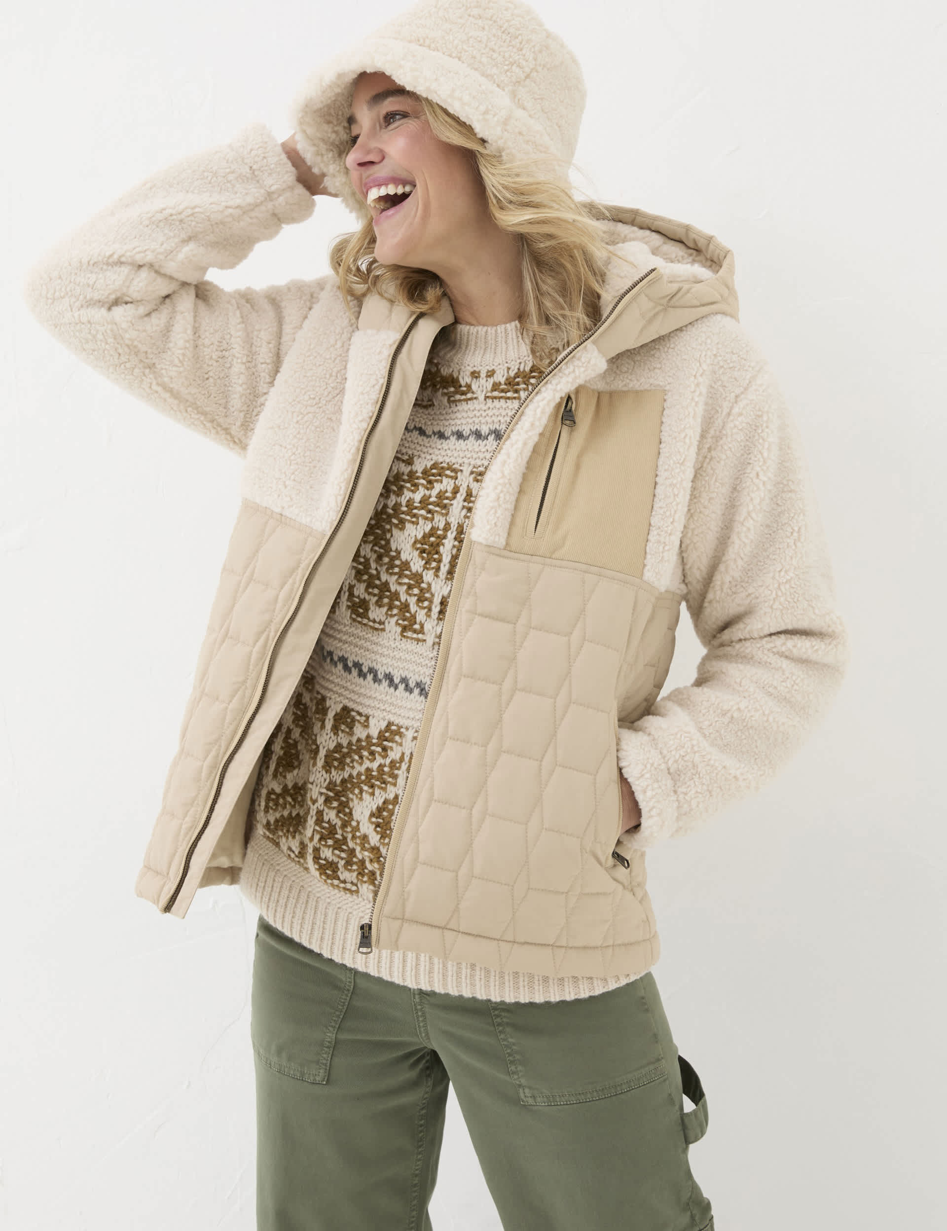 Fatface Women's Quilted Hooded Borg Lined Fleece Jacket - 14 - Natural, Natural